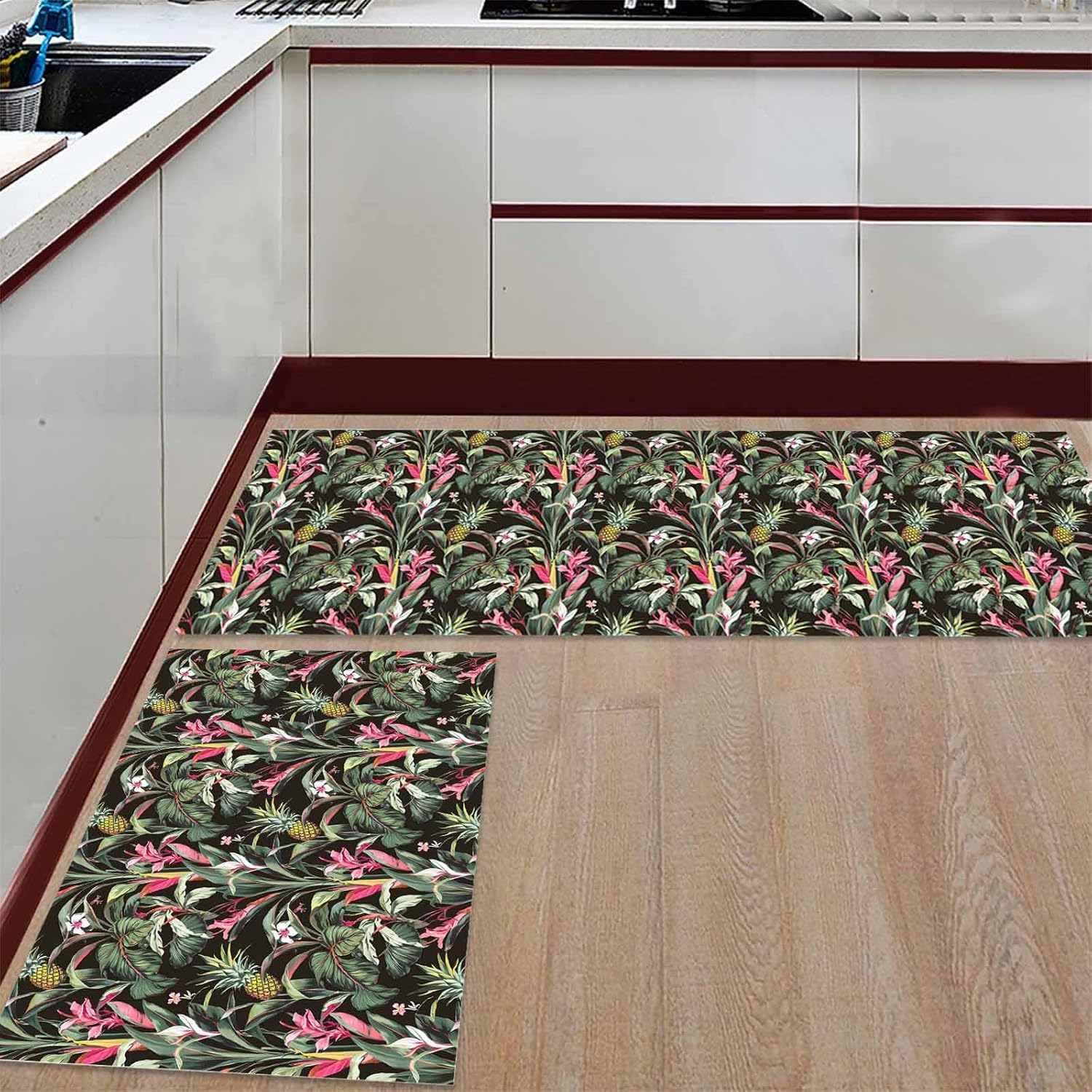 2 Pieces Kitchen Rugs and Mats,Watercolor Pineapple Tropical Plant Area Runner Rug Set Non Slip Floor Doormat Washable Carpet Standing Mat for Kitchen Sink Indoor Corridor,Summer Rustic Fruit Black