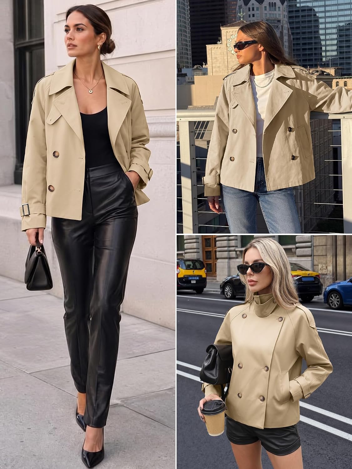 ELLEVEN Womens Cropped Trench Coat Double Casual Breasted Fall Jacket