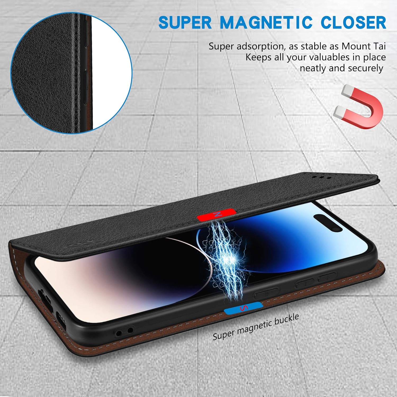 ZZXX for iPhone 14 Pro Wallet Case with [RFID Blocking] Card Slot Stand Strong Magnetic Leather Flip Fold Protective Phone Case for iPhone 14 Pro Case Wallet(Black-6.1 inch) - Image 3