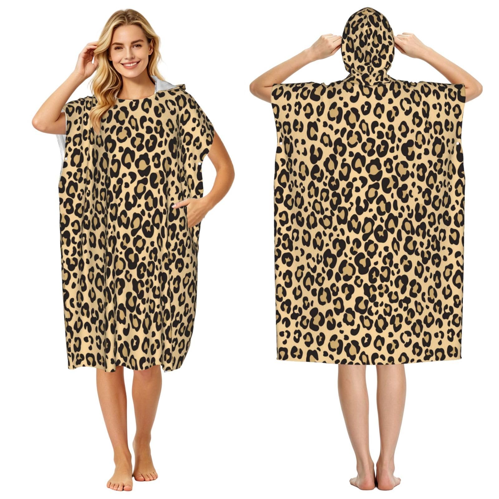 Poadnly Leopard Skin Cheetah Jaguar, Adult Hooded Beach Towel 90 x 110 cm,Changing Bath Robe, Surf Poncho Towel For Women Men