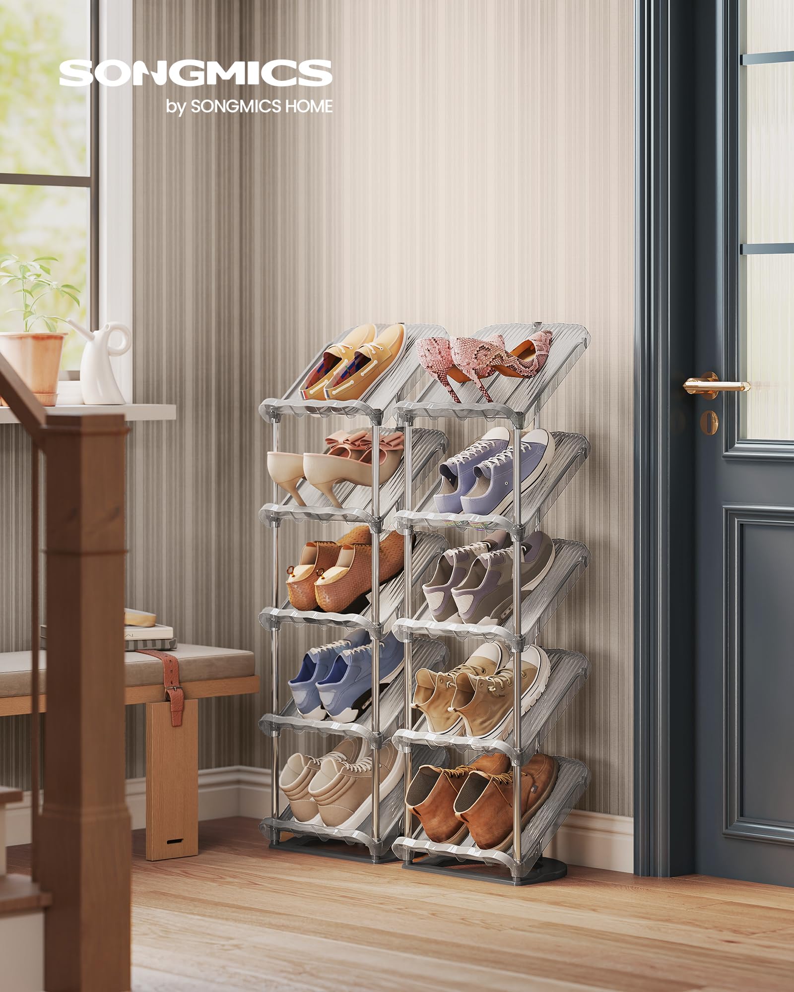 SONGMICS Zapateros, 5 Niveles, Juego de 2, Organizador de Zapatos de Plástico, 24,5 x 28,4 x 102,5 cm, Modular, para Entrada, Pasillo o Vestidor, Gris LPC050GZ01