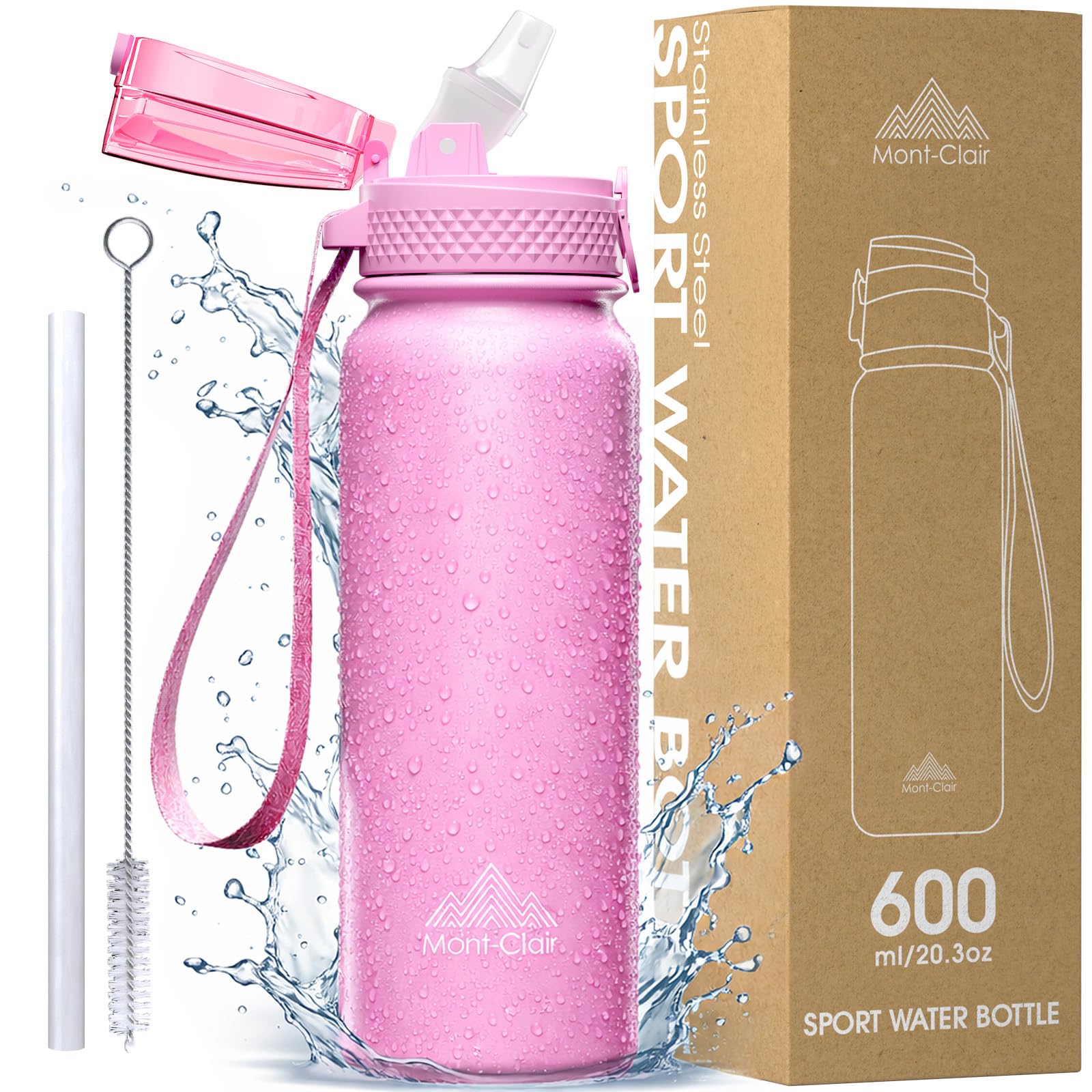 Mont-Clair 600ml - 20oz Stainless Water Bottle with Straw - Gym Water bottle for Women & Men - Double Wall Insulated - Patented Leakproof Lid Design - Keep Drinks Cold & BPA Free - Pink