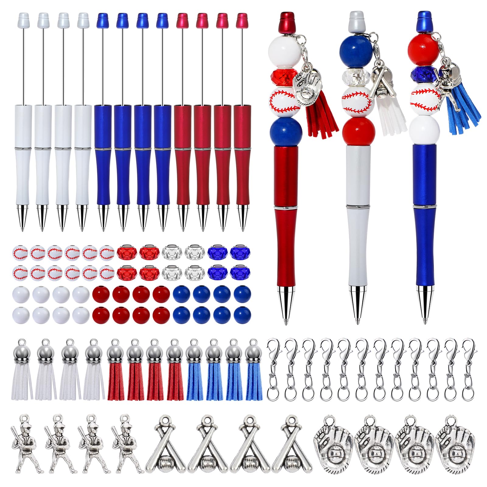NEWEST 12 Pieces Sports Beadable Pens Plastic Baseball Bead Pens Included 48 Beads 12 Tassels 12 Pendants DIY Ball Beaded Pens Black Ink Bead