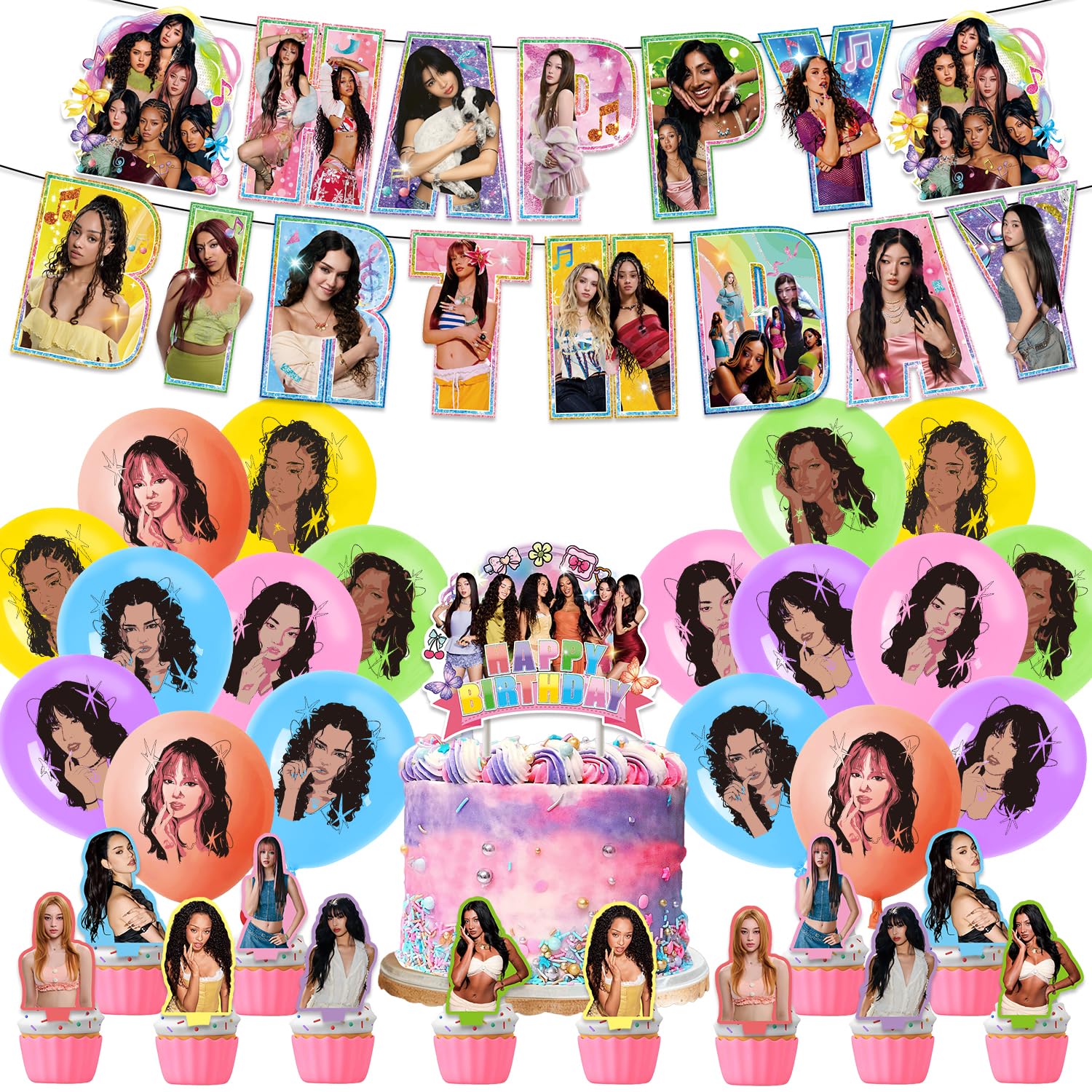 Birthday Decorations, Katseye Party Supplies Include Happy Birthday Banner, Cake Topper and Cupcake Toppers, Balloons