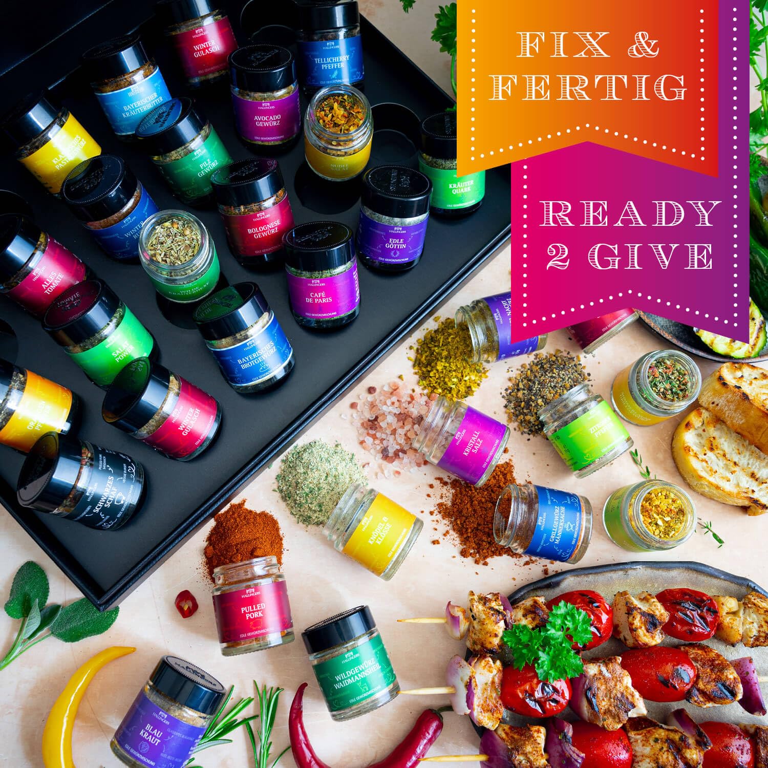 Hallingers Genuss Manufaktur Gewürz Geschenk-Set - 24 Gewürze aus aller Welt in wertiger Geschenkbox mit Rezept-Booklet "Selection", Geschenkidee für Frauen Männer