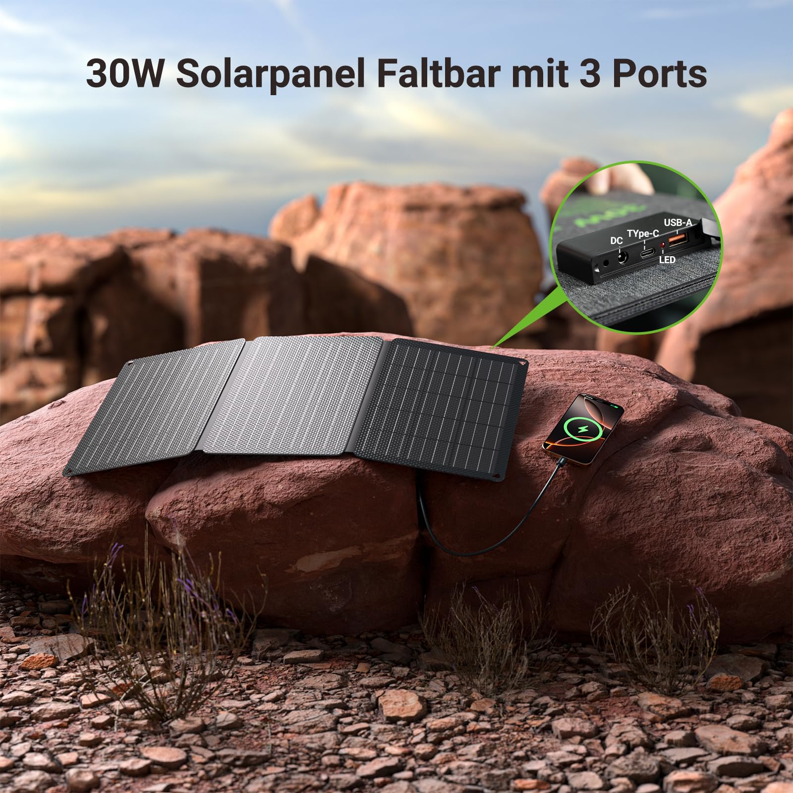 30W Solarpanel Faltbar, Tragbares Outdoor Solar Ladegerät IP67 Wasserdichtes mit 3 Anschlüsse (USB-C+USB-A+DC) für Outdoor Camping, Smartphone, Mobile Powerbank
