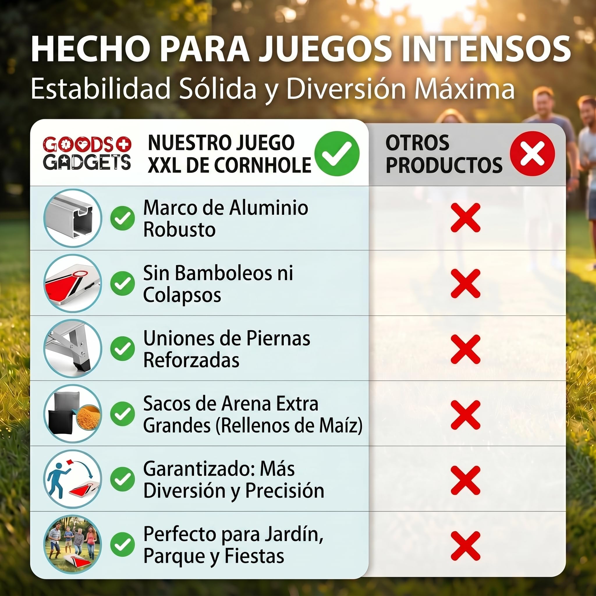 GOODS+GADGETS® Cornhole XXL Set - Juego de Sacos Jardín | 8 sacos de arena extragrandes - plegable y listo para jugar - interior y exterior para toda la familia