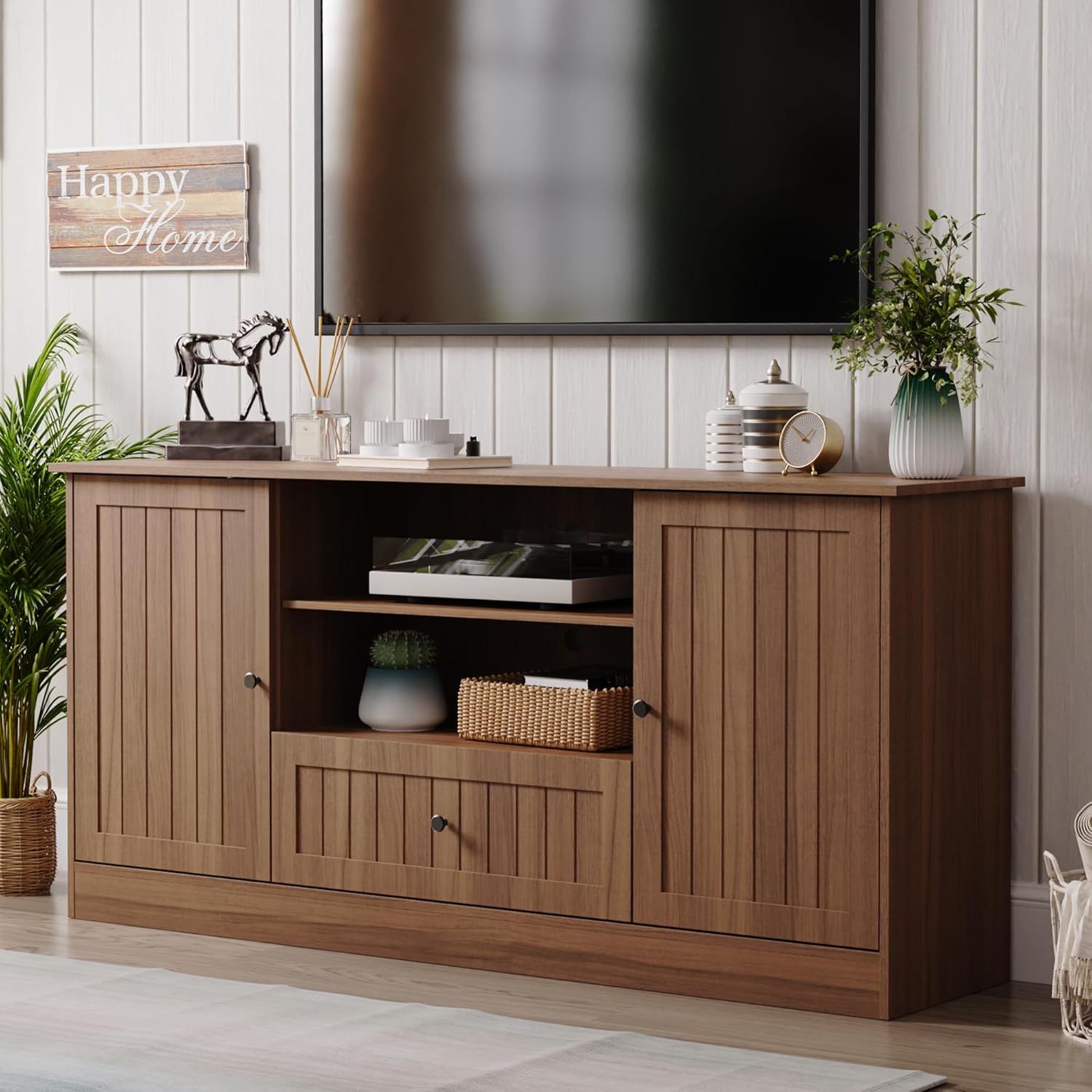 63 in Farmhouse TV Stand for TVs up to 70 Inch, Modern Entertainment Center with Storage Drawer and Open Shelves, Shaker Door TV Console Media Cabinet for Living Room, Bedroom, Walnut