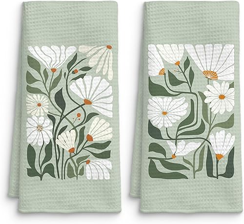 Juego de 2 toallas de cocina florales bohemias, color verde salvia, diseño abstracto de los años 70, diseño retro de los años 70, para decoración de