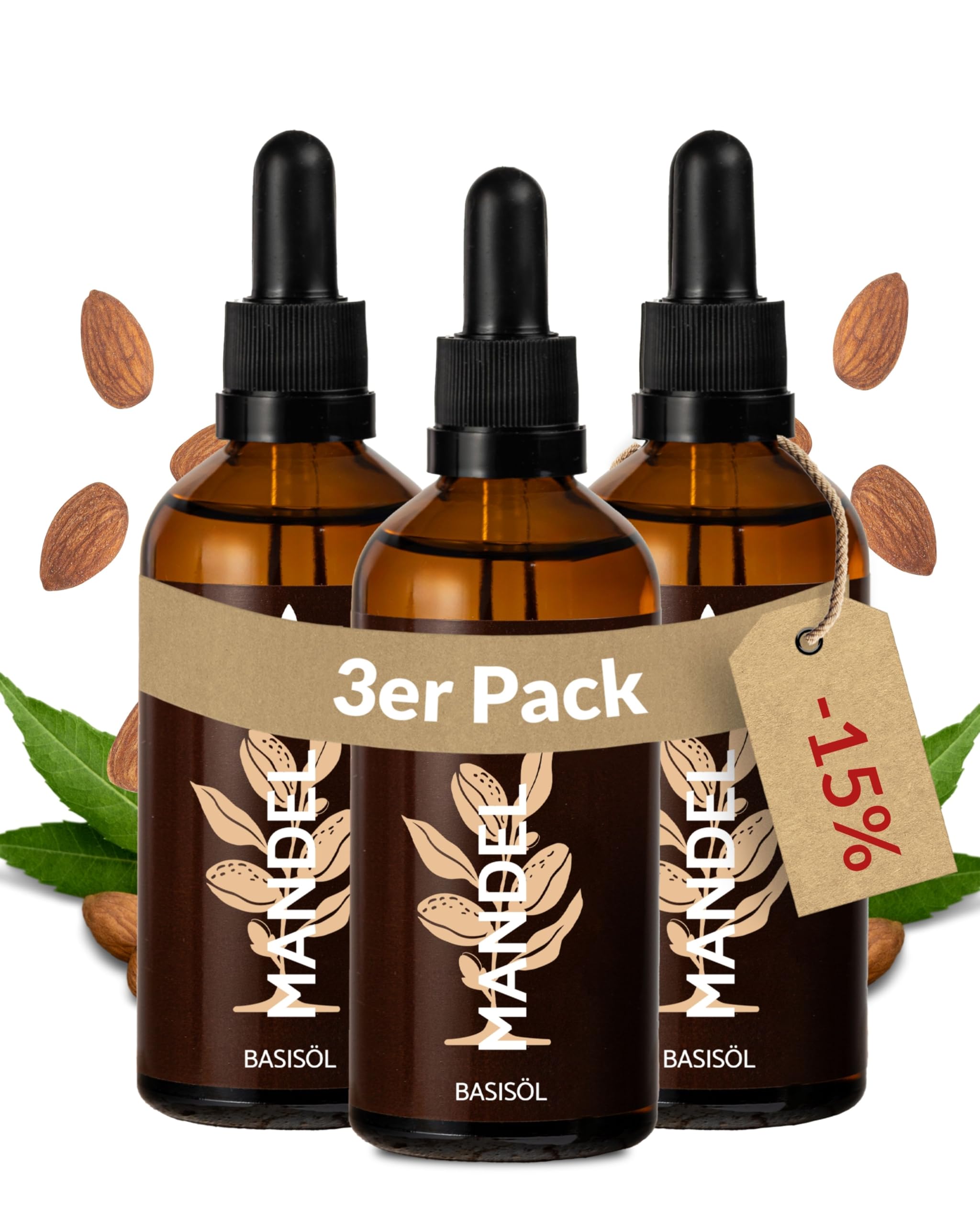 Heldengrün® Mandelöl Bio [100% NATURREIN] - Dermatologisch getestet - Mandelöl Baby - Sanfte Pflege für trockene & empfindliche Haut - Mandel Öl kaltgepresst - 3 x 100 ml