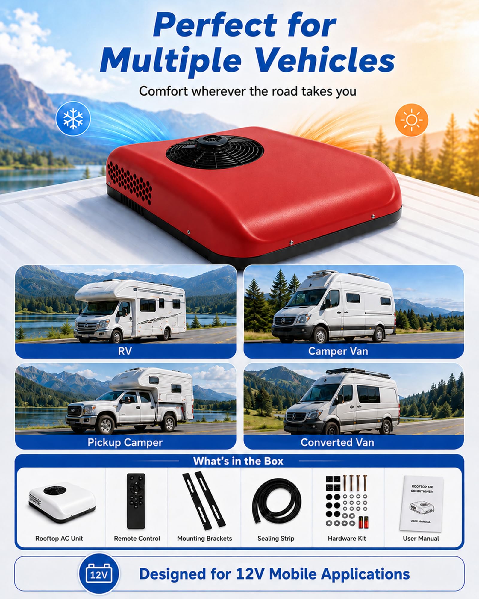 Klimatyzator Dachowy 12V/24V DC do Kampera i Ciężarówki, Grzanie Red-12V