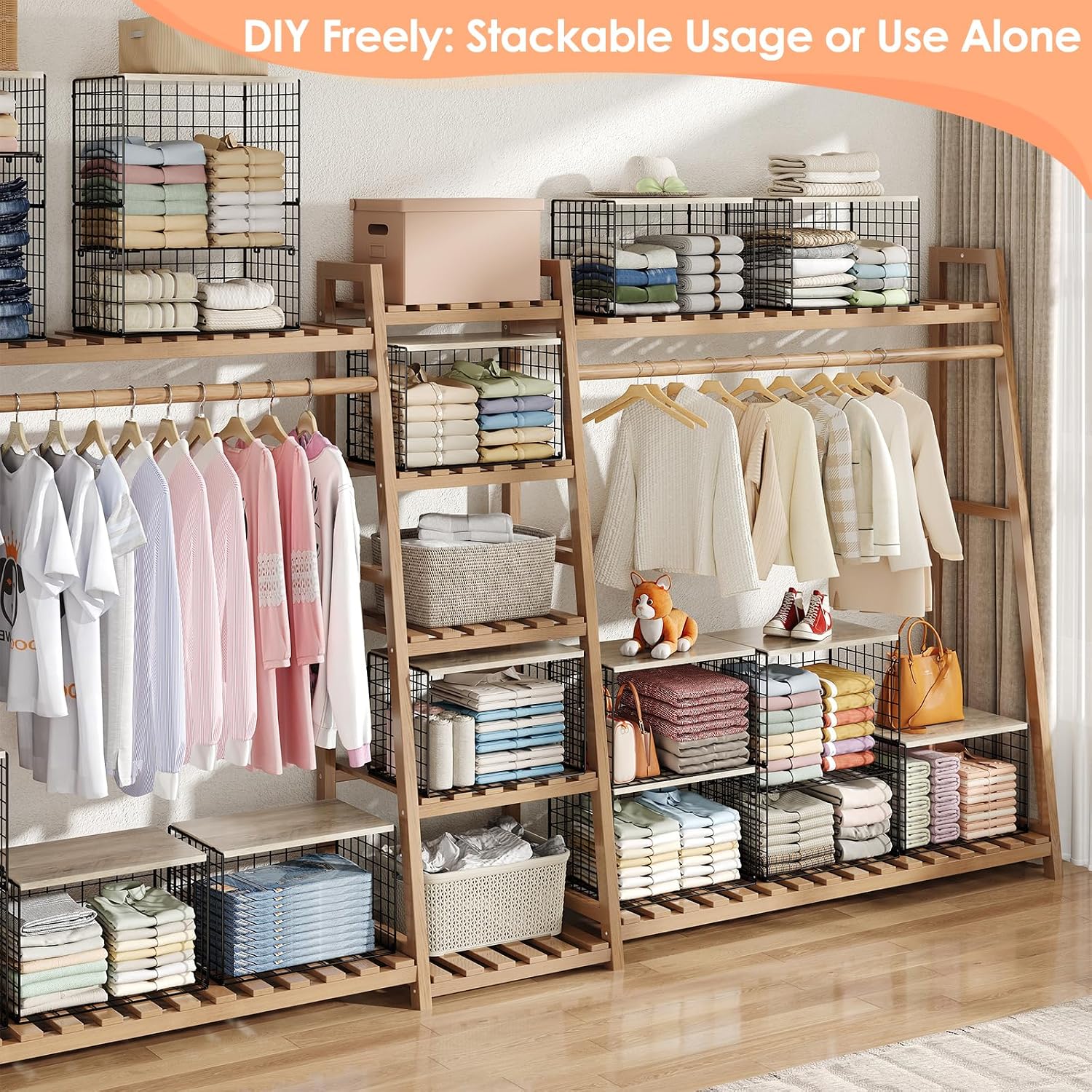 5-Tier Large Stackable Closet Organizer and Storage Basket, Sturdy Closet Shelf Organizer with Wood Top, Stackable Storage Bins Cubes for Clothes with Adjustable Shelf for Wardrobe Organization