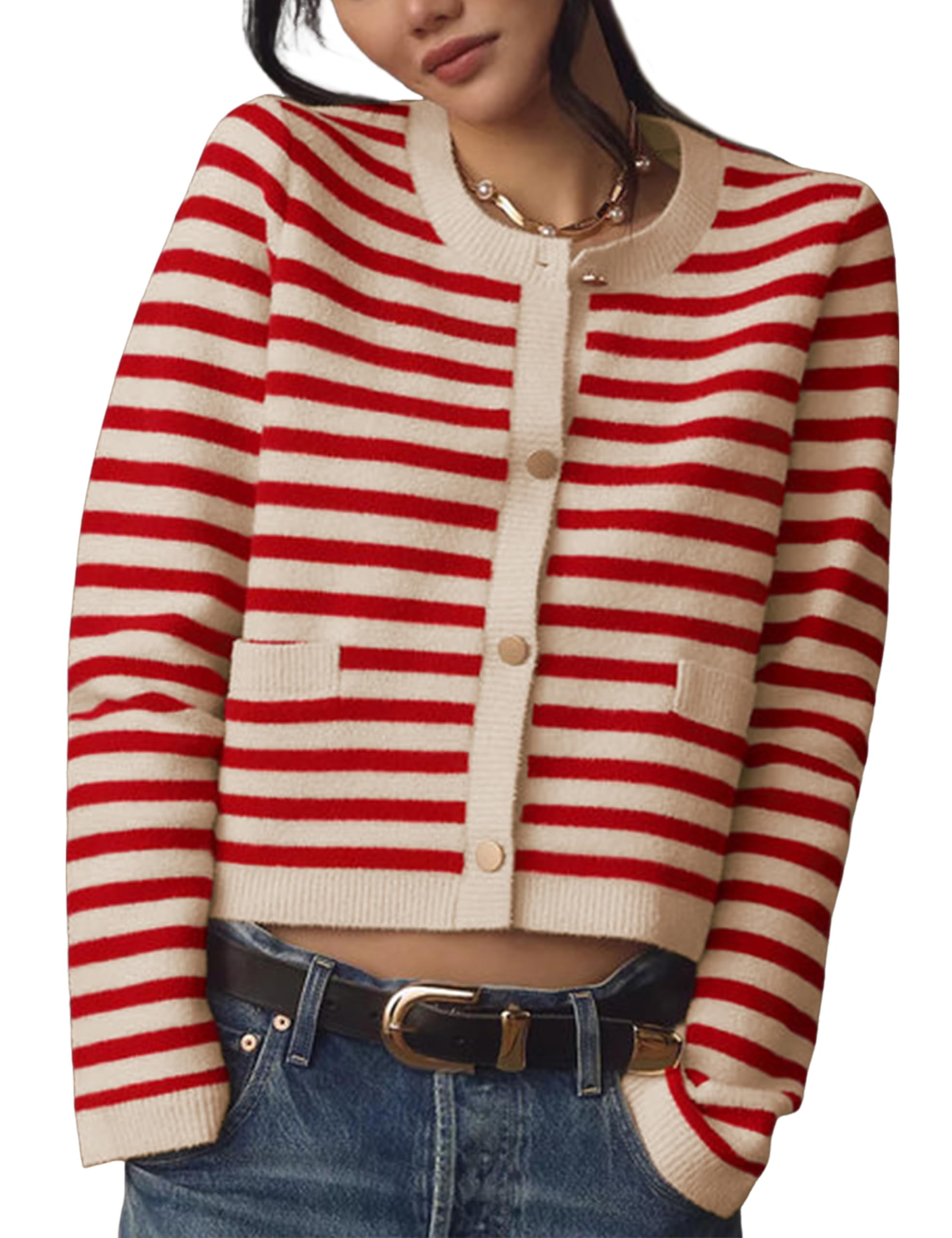 Lentta Womens Striped Knit Cardigan Sweater Crew Neck Long Sleeve Button Front Outerwear