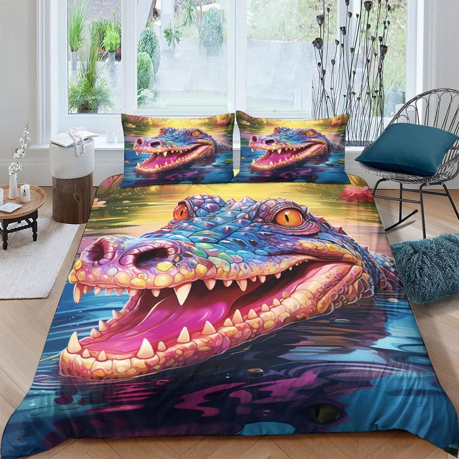 GPLZQXKJNH 3D Printed Colorful Dinosaur Duvet Cover Microfiber Soft Breathable Crocodile Bedding Set with 2 Pillowcases for Bedroom Decor Single（135x200cm）