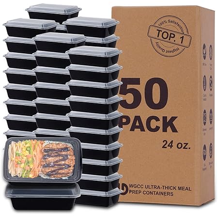 WGCC Meal Prep Containers, 50 Pack Extra-thick Food Storage Containers with Lids, Disposable Bento Box Reusable Plastic Bento Lunch Box, BPA Free, Stackable, Microwave/Dishwasher/Freezer Safe (24 oz)