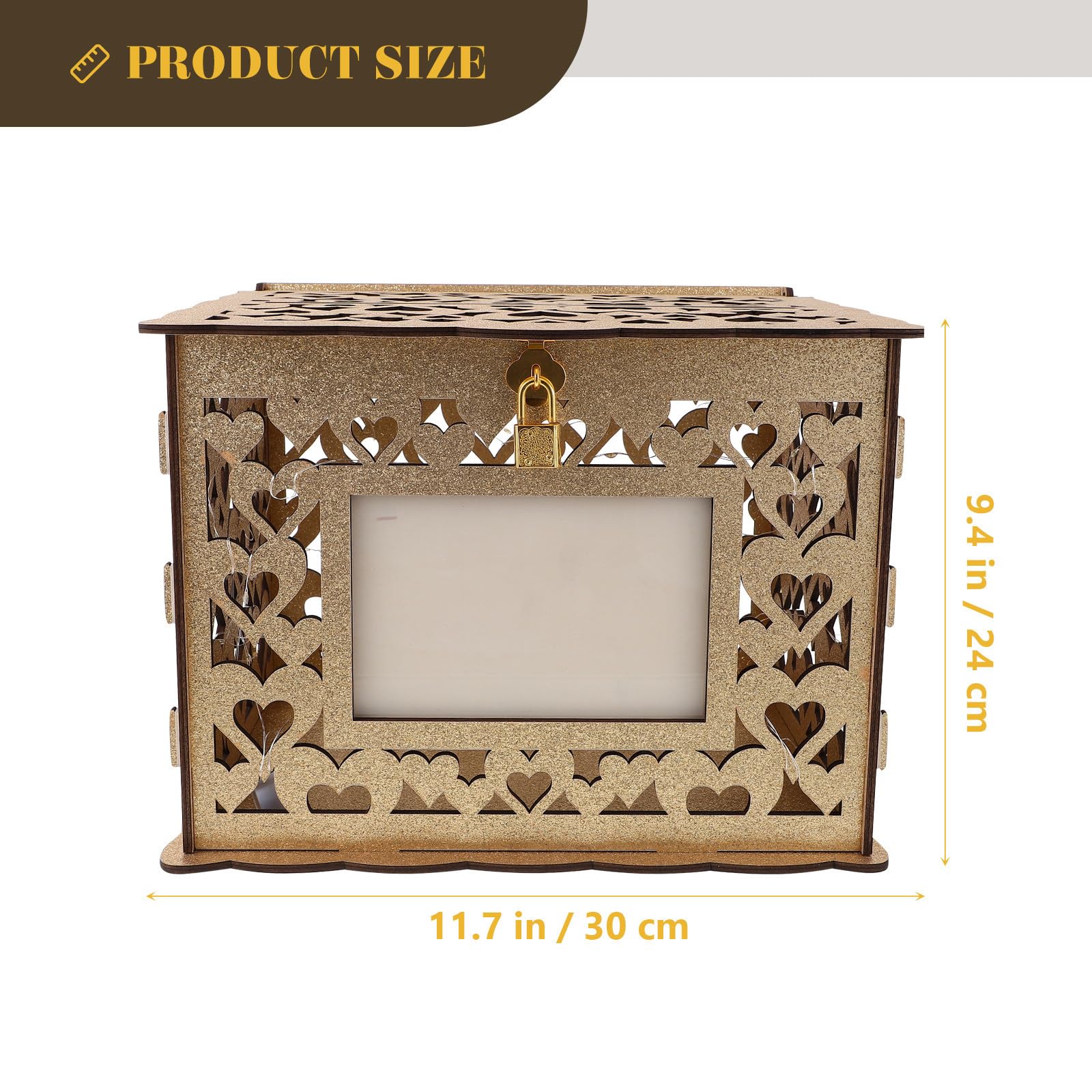 Elegante Holzkartenbox in Gold mit LED Lichterkette Multifunktionale Hochzeitsgeldkasse und Dekoration für Hochzeitsempfang und Party