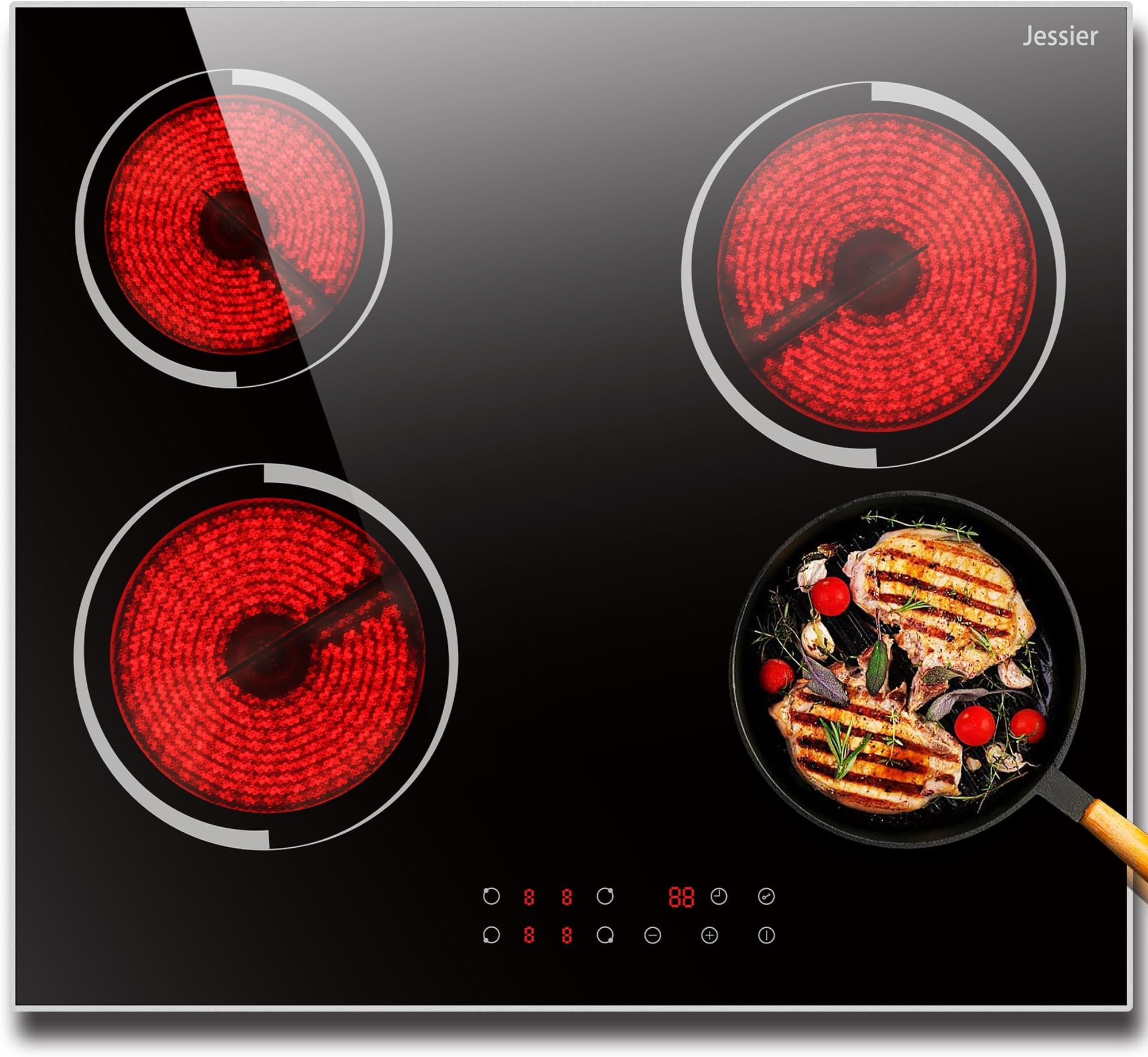 Electric Cooktop 24 Inch - 4 Burner Drop-in(22.05"x19.3") Electric Ceramic Cooktop, Electric Stove Top with Glass Protection Metal Frame, 9 Heating Level, 6000W, 220V Hard Wire(No Plug)