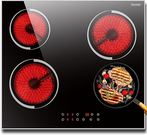 Jessier Placa de cocina eléctrica de 24 pulgadas, encimera de 4 quemadores y placa de cocina eléctrica de cerámica con marco de metal de protección