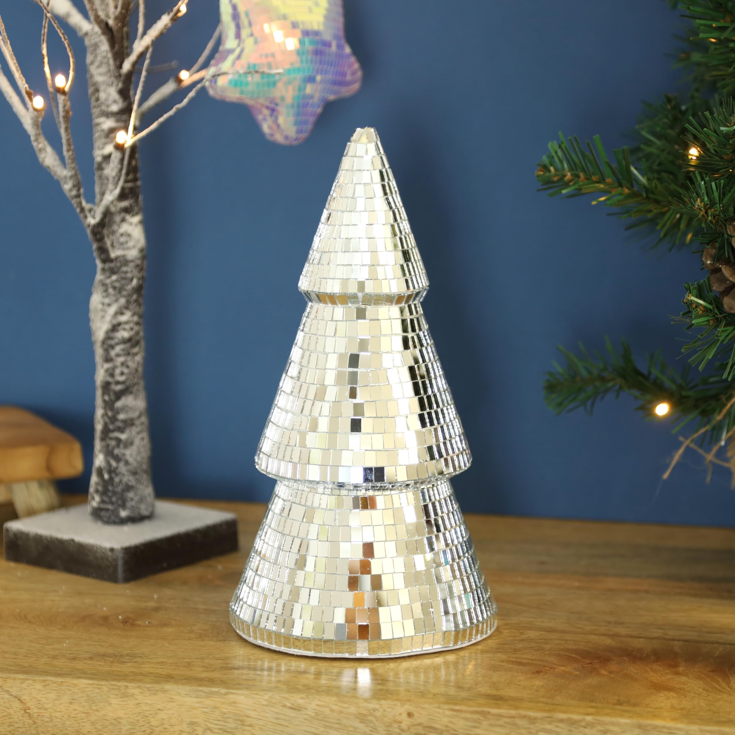 Fyne-Finds Silver Christmas Disco Mirror Tree Ornament Home Party Tabletop Xmas Festive Decoration (Small)