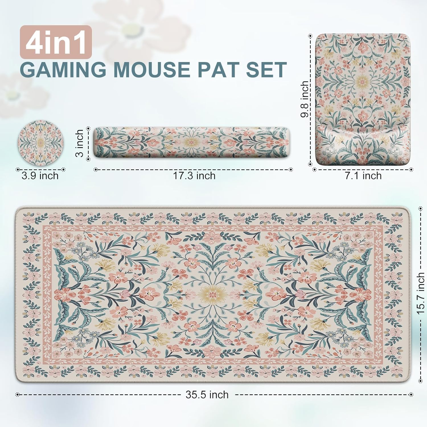 iCasso Mouse Pad with Wrist Rest,Large Desk Mat Set,Ergonomic Keyboard Pad with Wrist Support,Non-Slip Mouse Mat for Women,Cute Floral Computer Mat for Home Office Gaming (Pink)