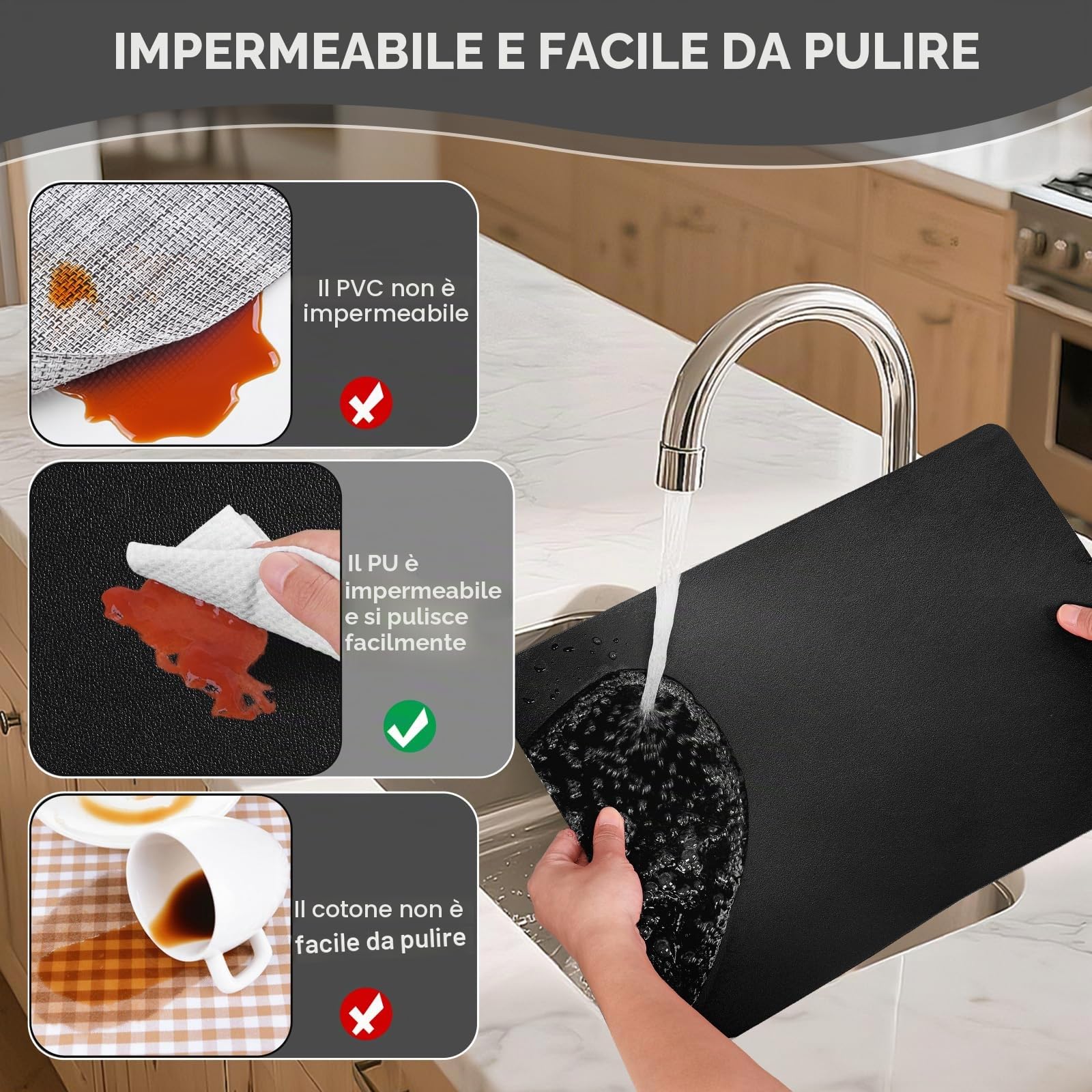 Tovagliette in Pelle Set di 6 Tovaglietta Americana Lavabili Impermeabili Antiscivolo Resistenti al Calore, Rettangolari Set Tovagliette, 16.9 x 11.8 Inch (43 x 30 CM)-Nero