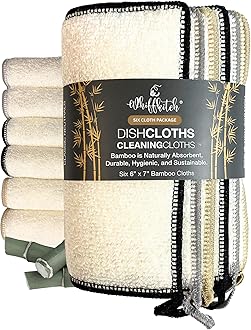 Whiffkitch Dishcloths Dishrags for Kitchen and Household Cleaning 6x7 6-Pack Non-Scratch 2-Ply Weave, Rayon Derived from Bamboo, Absorbent, Washable, Long-Lasting