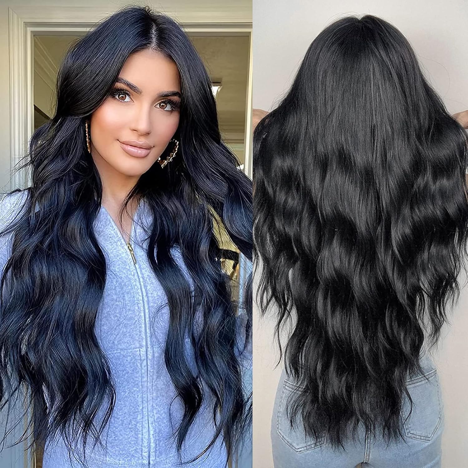 Allbell Long Black Wigs for Women Natural Body Wave