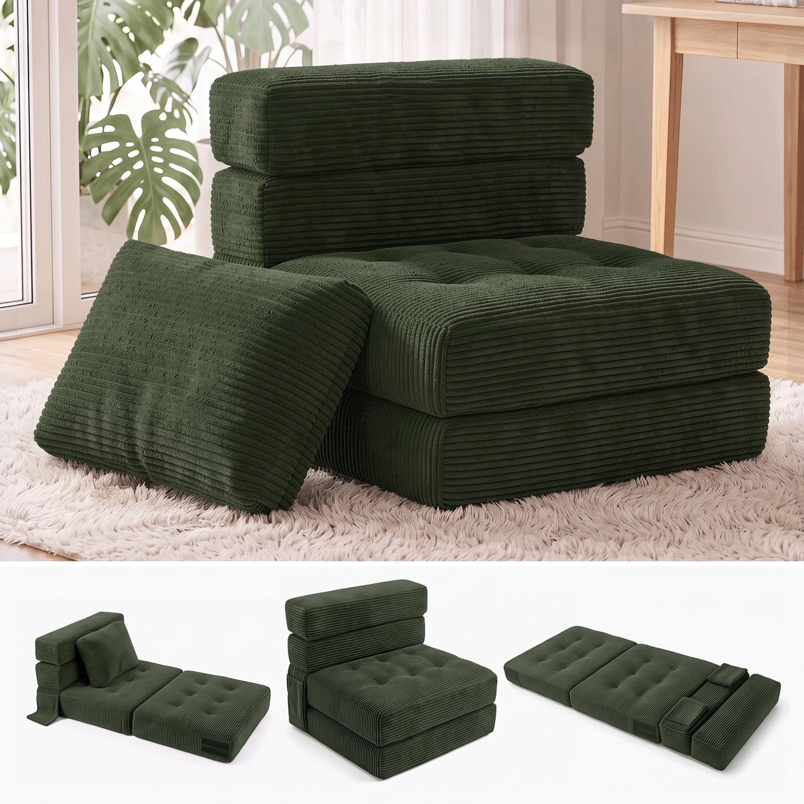 Fabulcozy Wandelbares Sofa 4 in 1, klappbarer Sessel mit Seitentasche, Komfortschaum, Cordbezug, Kissen und Kopfstütze, für Wohnzimmer oder kleine Räume,Grün