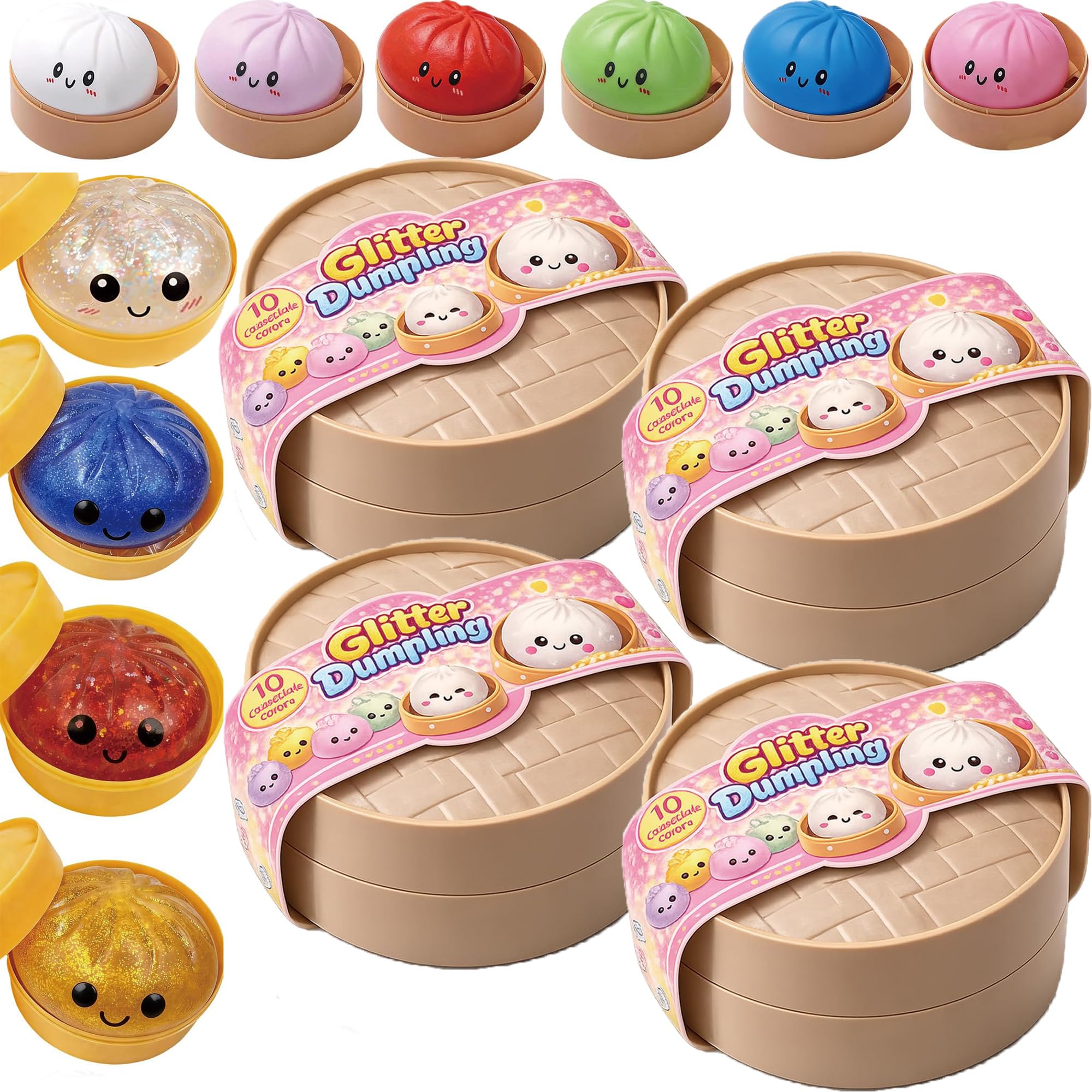 Glitter Dumpling Squishy, 2/3/4 Dumpling Squishy Mystery Box, Easter Basket Stuffers, Stocking Stuffers with Food Steamer Stretchy Desk Toys (Random-4PCS)