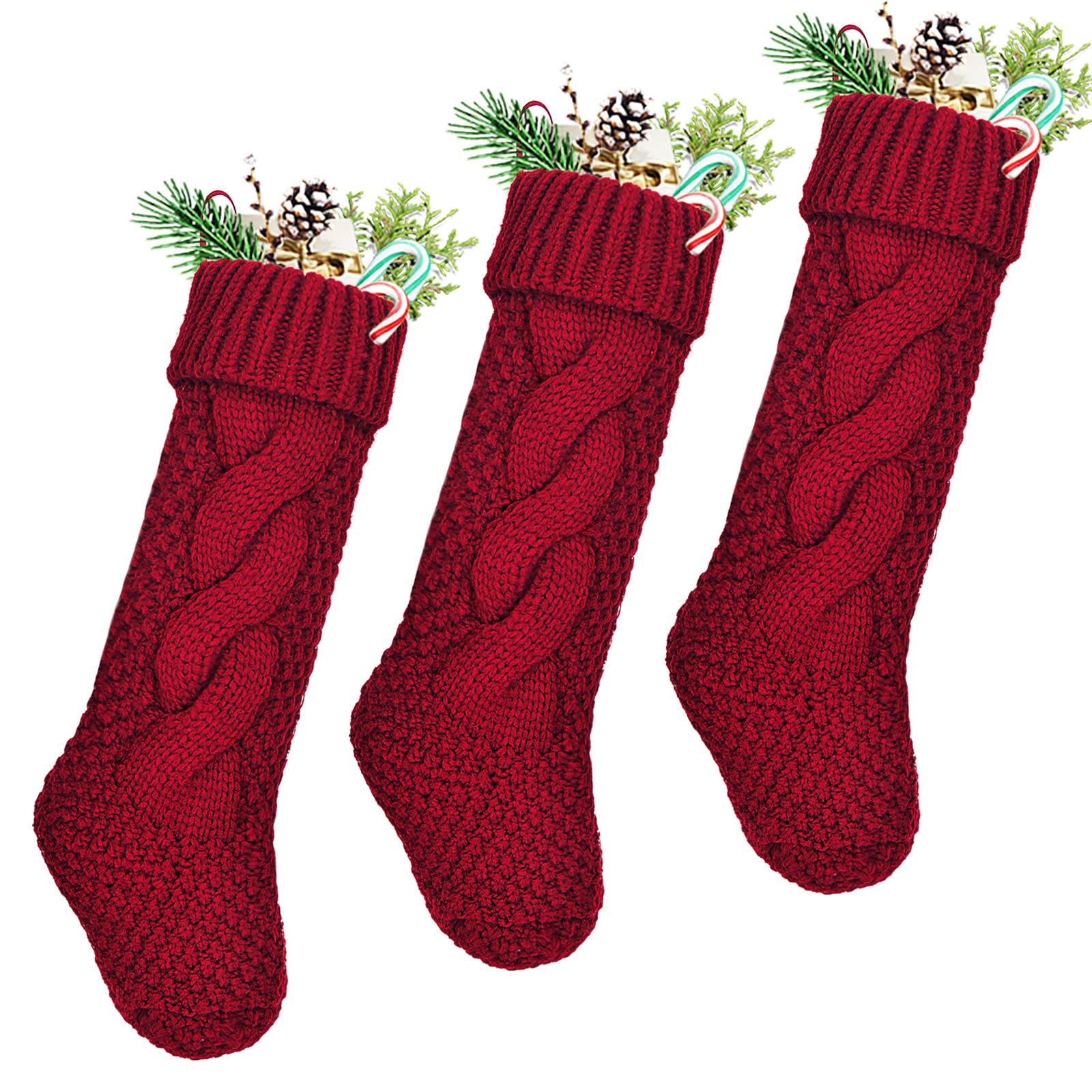LimBridge Christmas Stockings, 3 Pack 18 inches Large Size Cable Knit Knitted Xmas Rustic Personalized Stocking Decorations for Family Holiday Season Decor, Burgundy