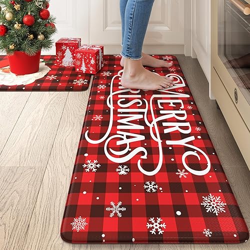 Tapete de cocina de Papá Noel a cuadros de Navidad 2 piezas, antideslizante, impermeable, acolchado, antifatiga, cómodo, tapete de espuma para suelo Tapete de cocina de Papá Noel a cuadros de Navidad 2 piezas, antideslizante, impermeable, acolchado, antifatiga, cómodo, tapete de espuma para suelo