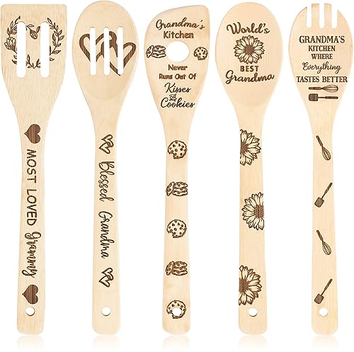 Eartim Juego de 5 cucharas de madera para abuela, utensilios de cocina, cucharas antiadherentes, utensilios de cocina de bambú quemado, kit de