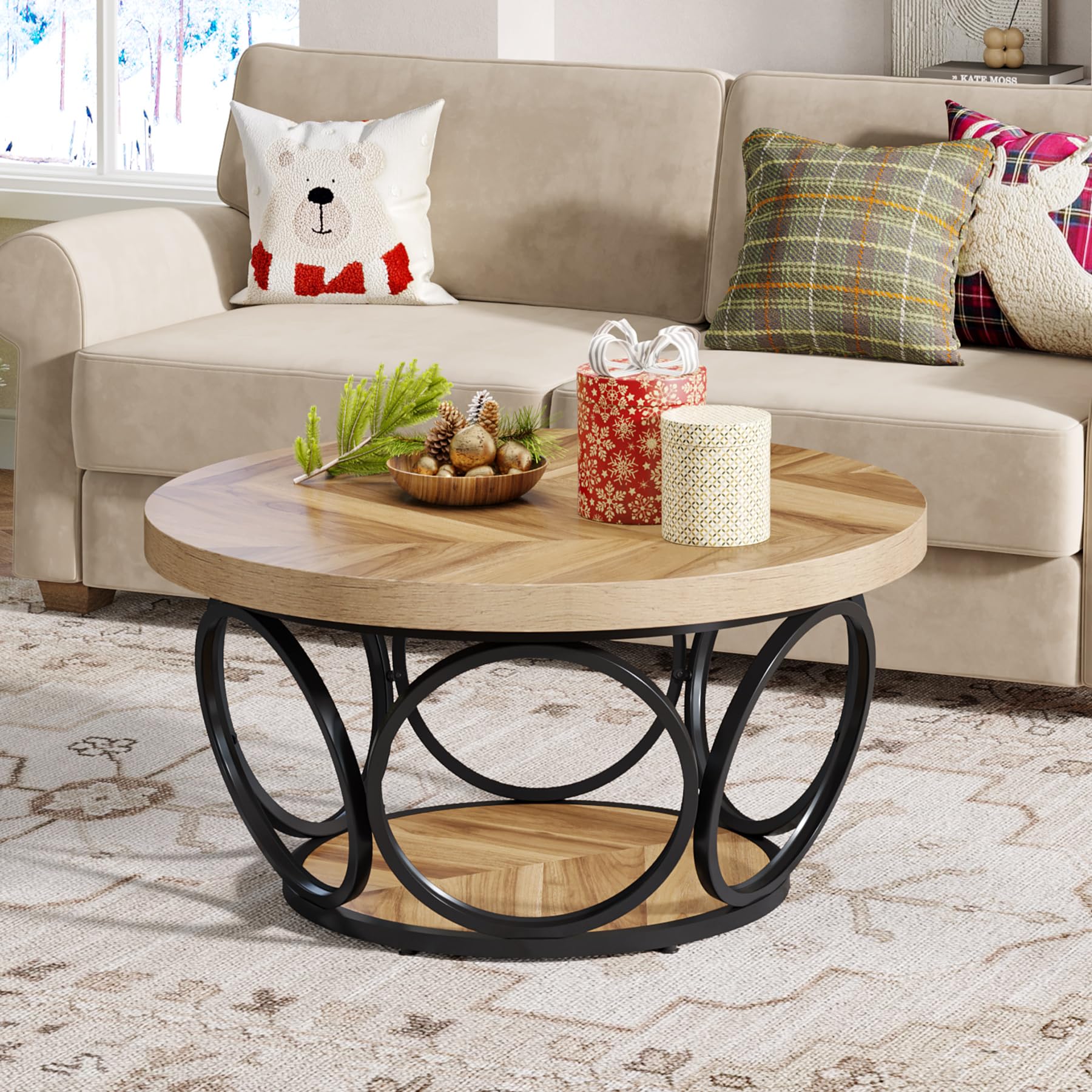 Tribesigns Runder Couchtisch, 80 cm Holztisch mit 2-Ebenen Lagerung, Bauernhaus Große Runde wohnzimmertisch, Moderne Einfache Braune Teetisch (Holzmaserung)