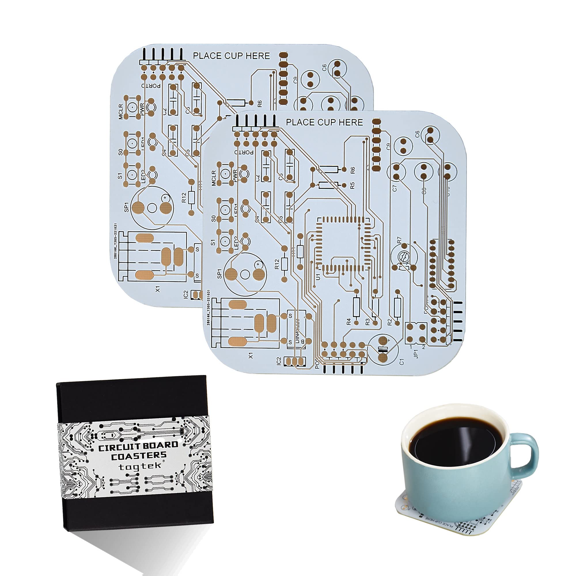 PCB-Design White Circuit Board Coasters for Coffee Table, Bar, Office - Immersion Gold - Cute Gamer Stuff for Boyfriend, Dad, Men (2 x White/Pack)