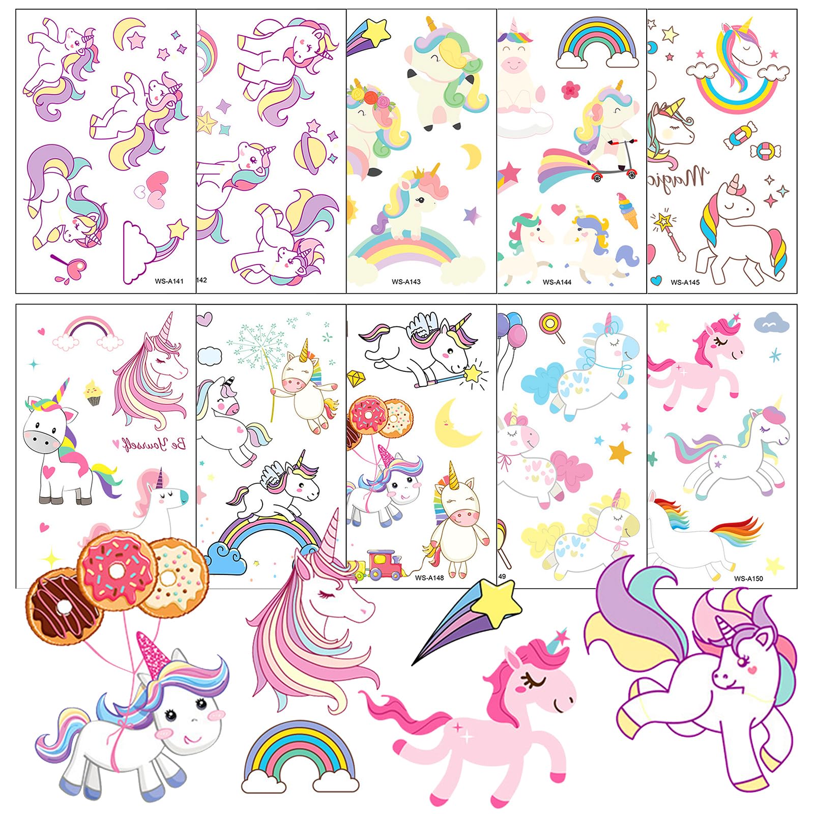 Tattoo Kinder, Temporäre Tattoos für Kinder 10 Blätter, Einhorn Temporäre Tattoo Set, Cartoon Kindertattoos, Wasserdichte Sticker für Mädchen Jungen Kindergeburtstag Mitgebsel Party Dekor Geschenk