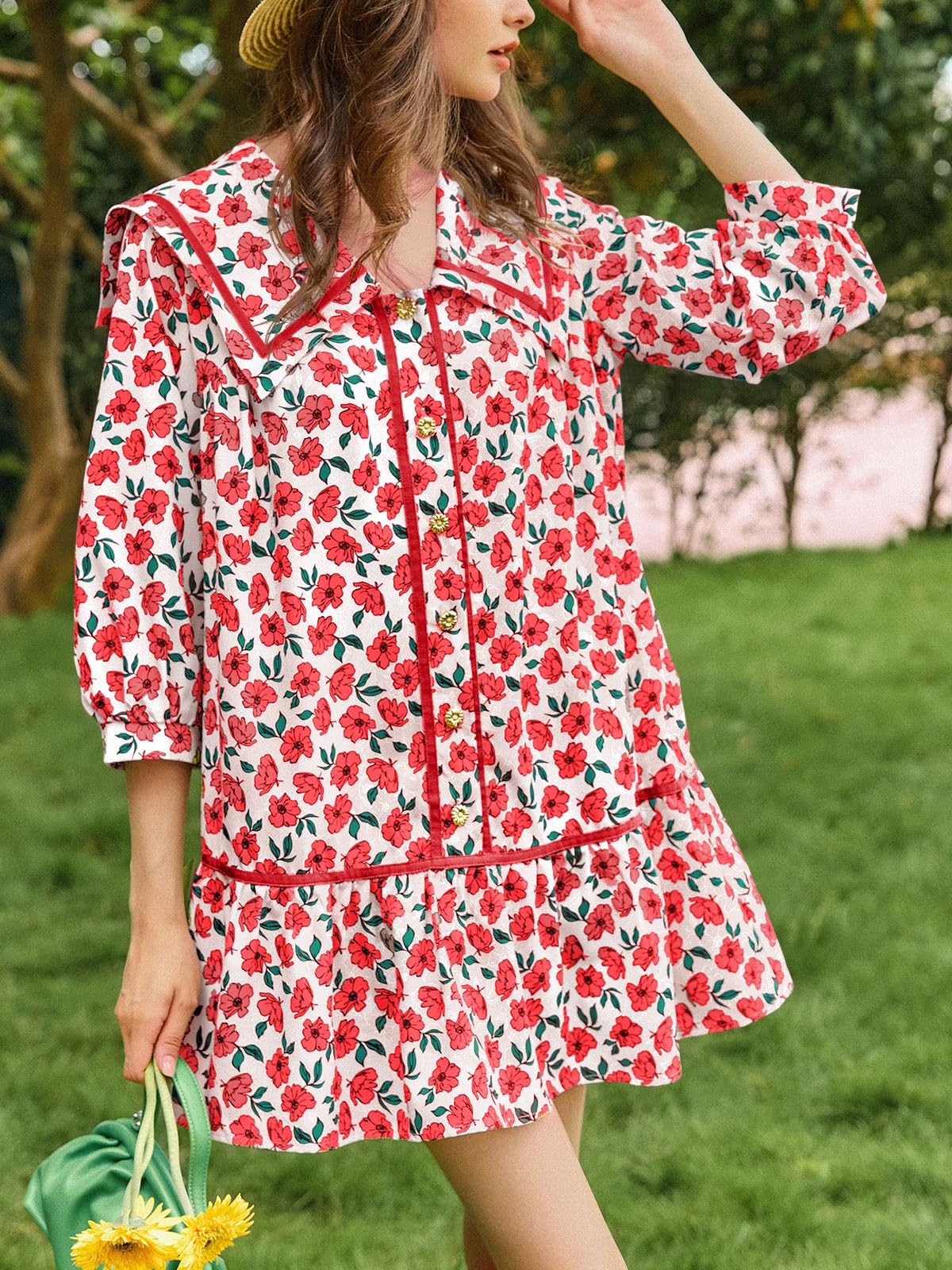 Wenrine Camicia casual da donna a 3/4 a maniche lunghe floreale abbottonata fluida babydoll autunno mini abito