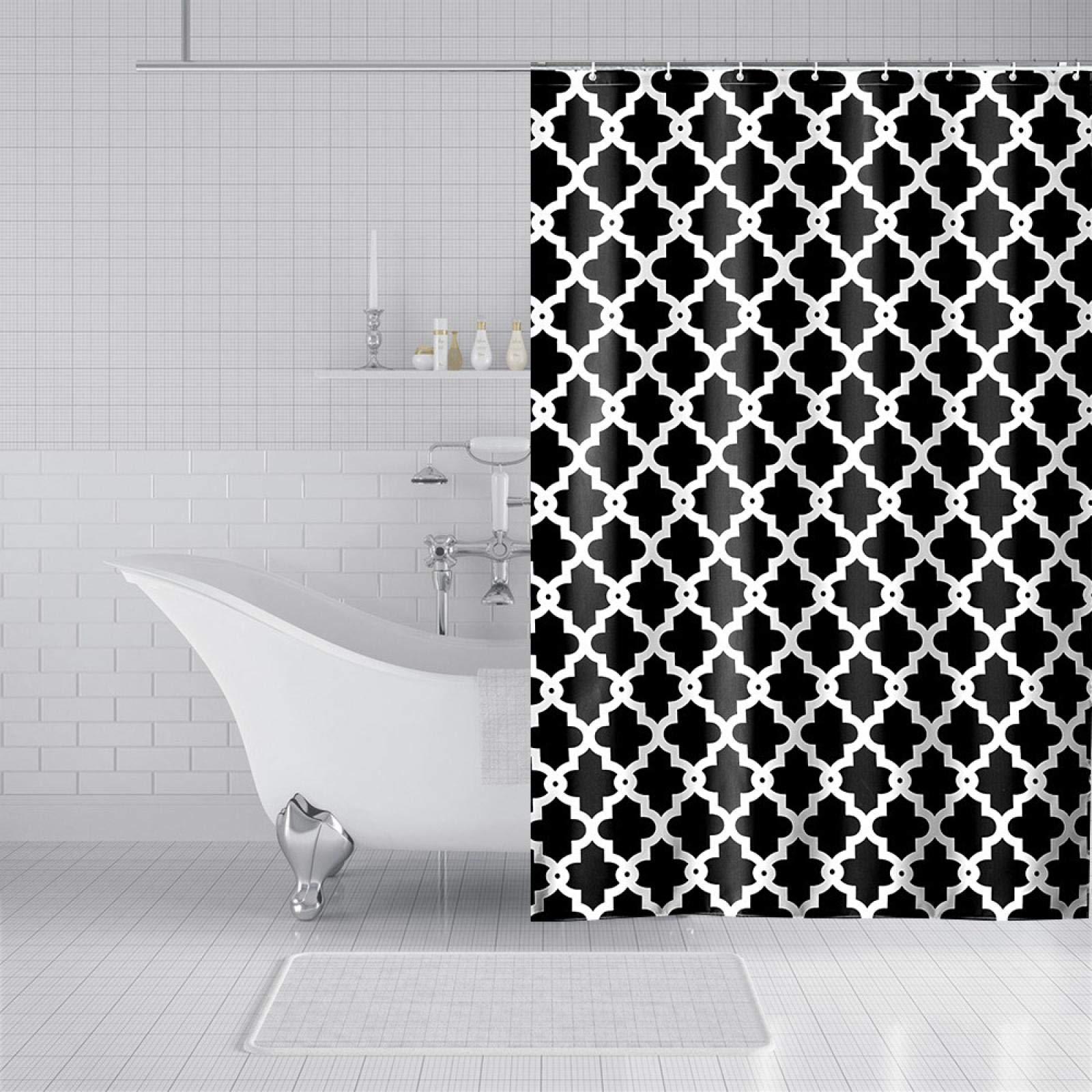Rideau de douche en polyester imperméable avec motif géométrique - Couleur unie - Plusieurs tailles - Décoration d'intérieur avec crochets - 175 x 220 cm - Noir