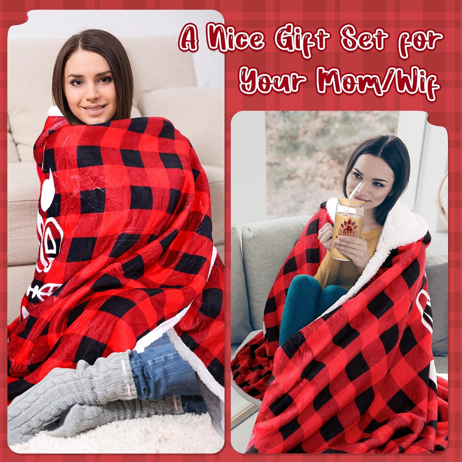 4 Pcs Christmas Blanket for Mom Mama Bear Gifts from Mama Daughter Son Bear Wearable Blanket Slippers Cup Gift