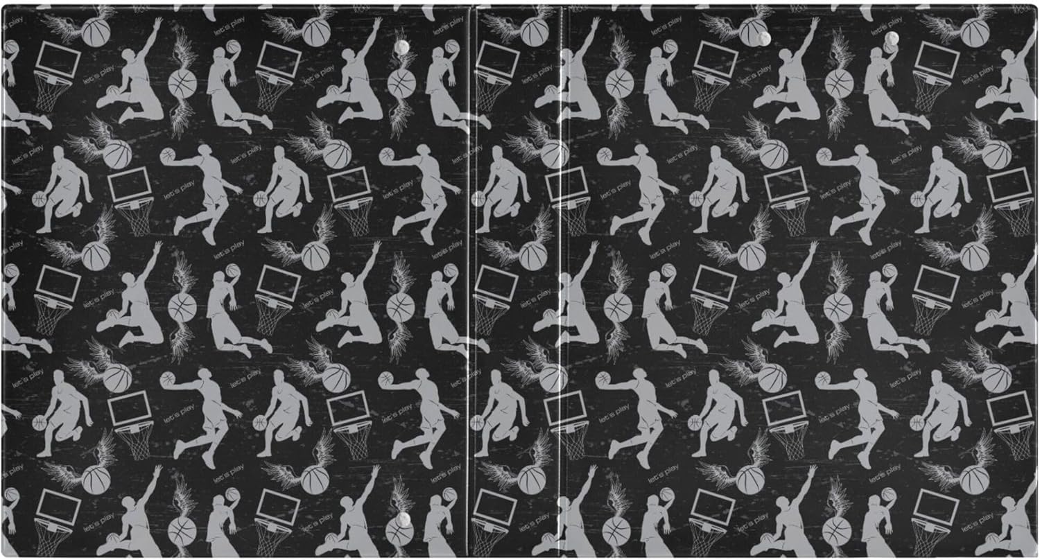 Basketball Black Cool Round Ring Binders 1.5 Inch Slam Dunk Doodle Pattern 3 Ring Clipboard Binder for Office School Work Supplies File Folder Document 200 Sheet Capacity Easy Open 2 Pieces