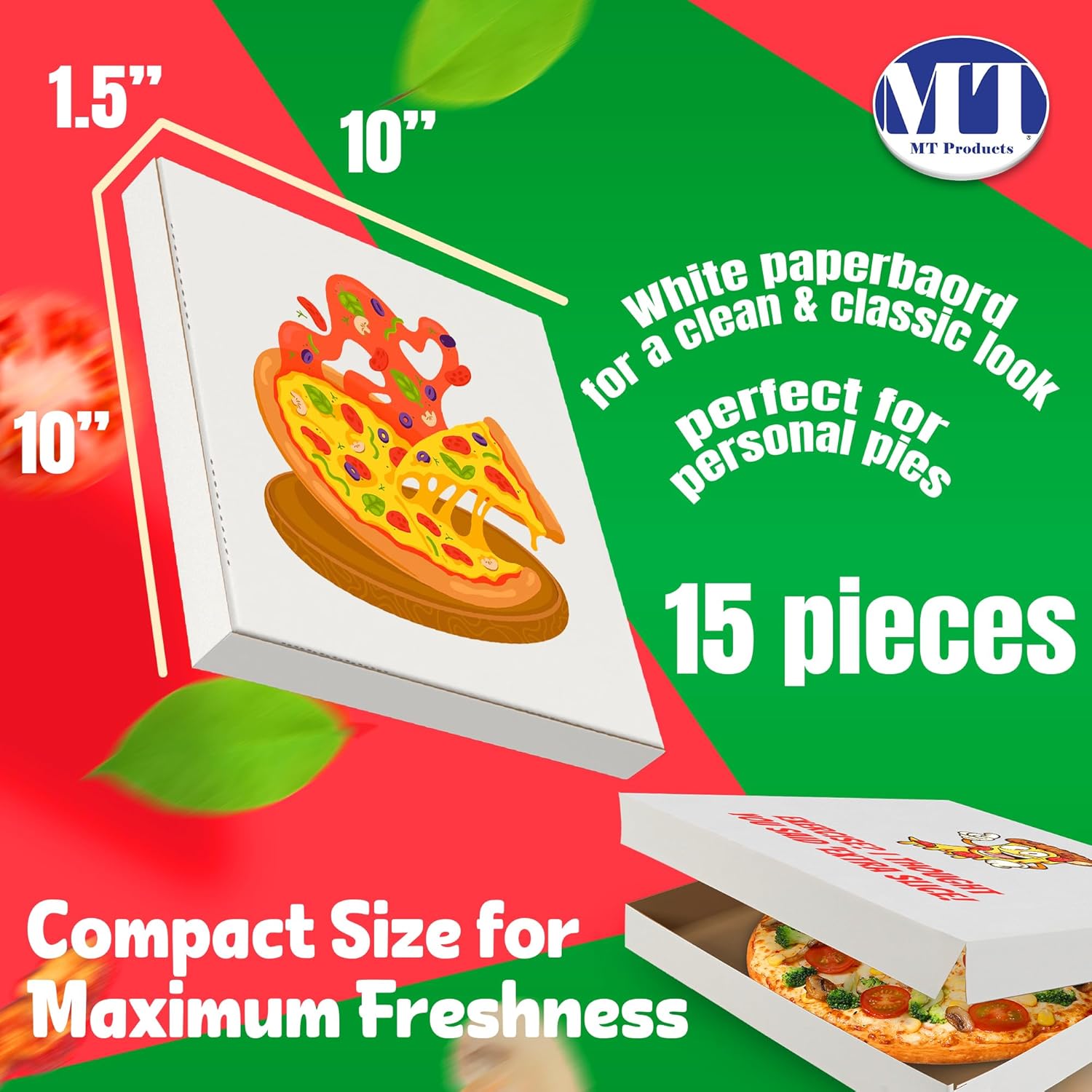 MT Products Custom Printed Pizza Boxes 10" x 10" x 1.5" - Extra Thin White Customizable Pizza Box with Logo (Pack of 15) - Made in the USA