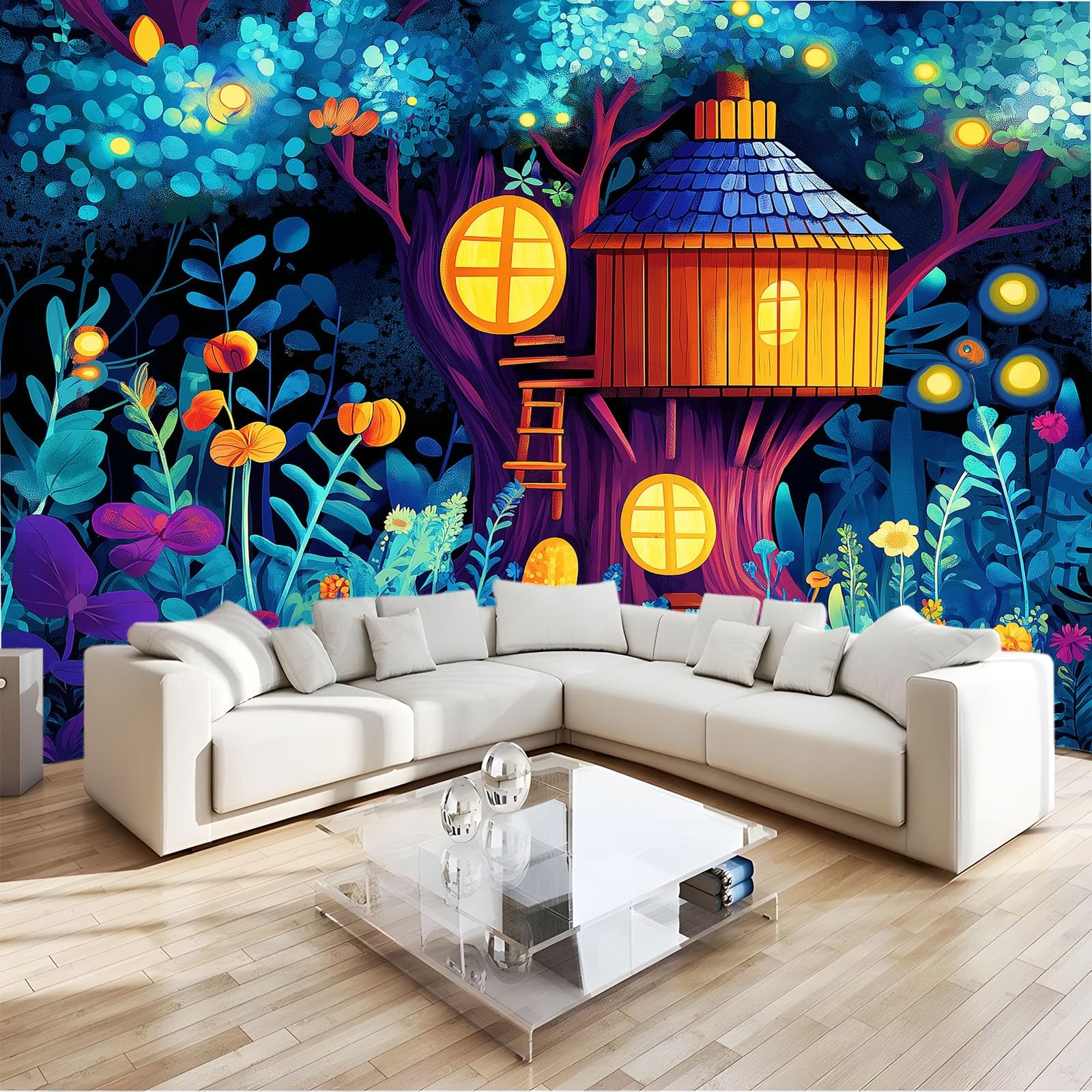 Genérico Fotomurales 3D Casa Del Árbol Dibujos Animados Papel Pintado Fotográfico Decoración De La Pared 250 X 175 Cm Para Salón Dormitorio Habitación Infantil Pared De Tv, Verde