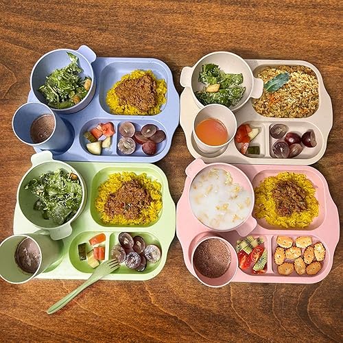 Miniatura 7 de shopwithgreen Juego de cubiertos de paja de trigo, 20 piezas de platos y cuencos divididos para niños pequeños, vajilla irrompible para microondas,