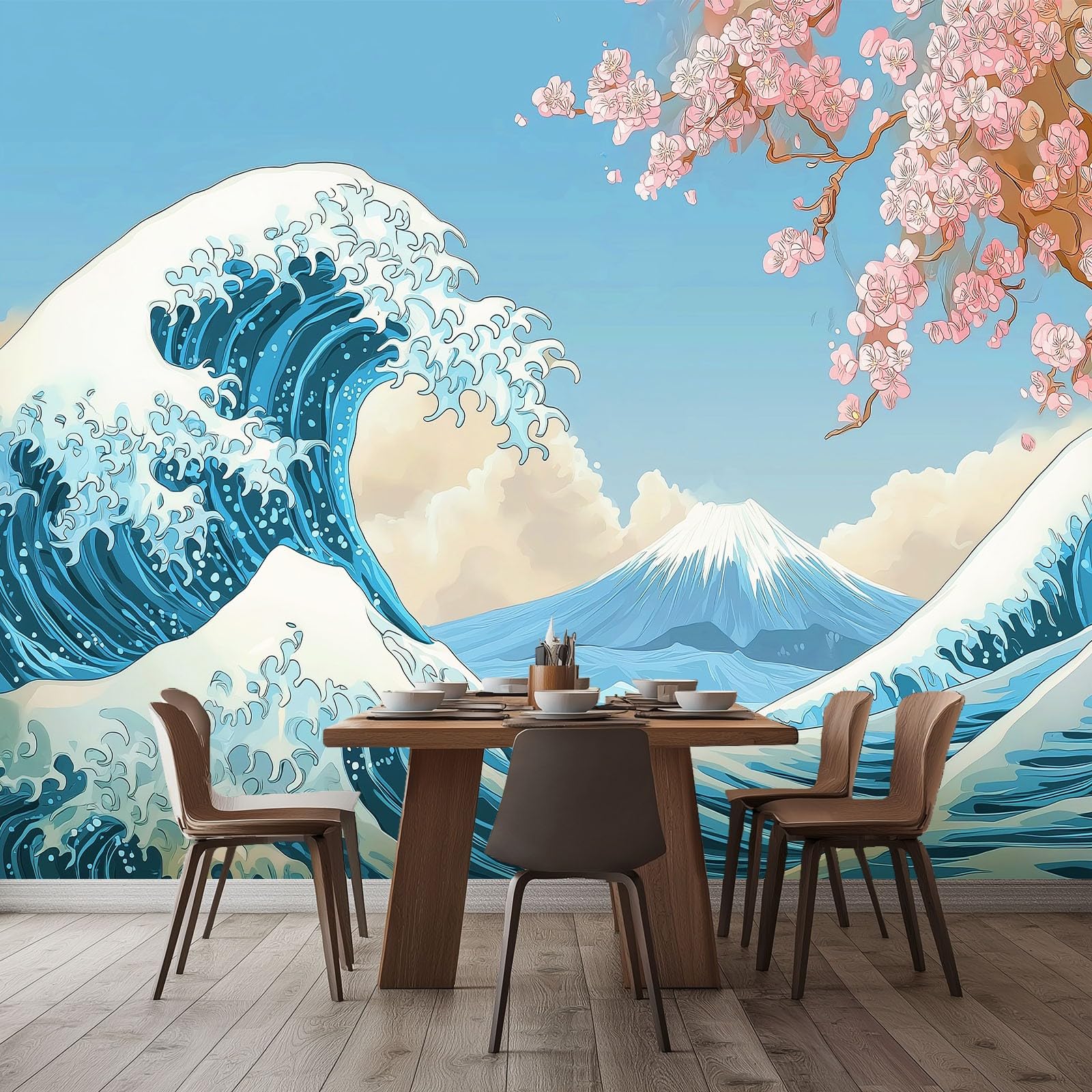 Tapeta samoprzylepna na ścianę w stylu japońskim, 400 x 280 cm granatowa tapeta z kreskówkowym kwiatem wiśni góra Fuji druk folia samoprzylepna do mebli do sypialni salonu łazienki kuchni