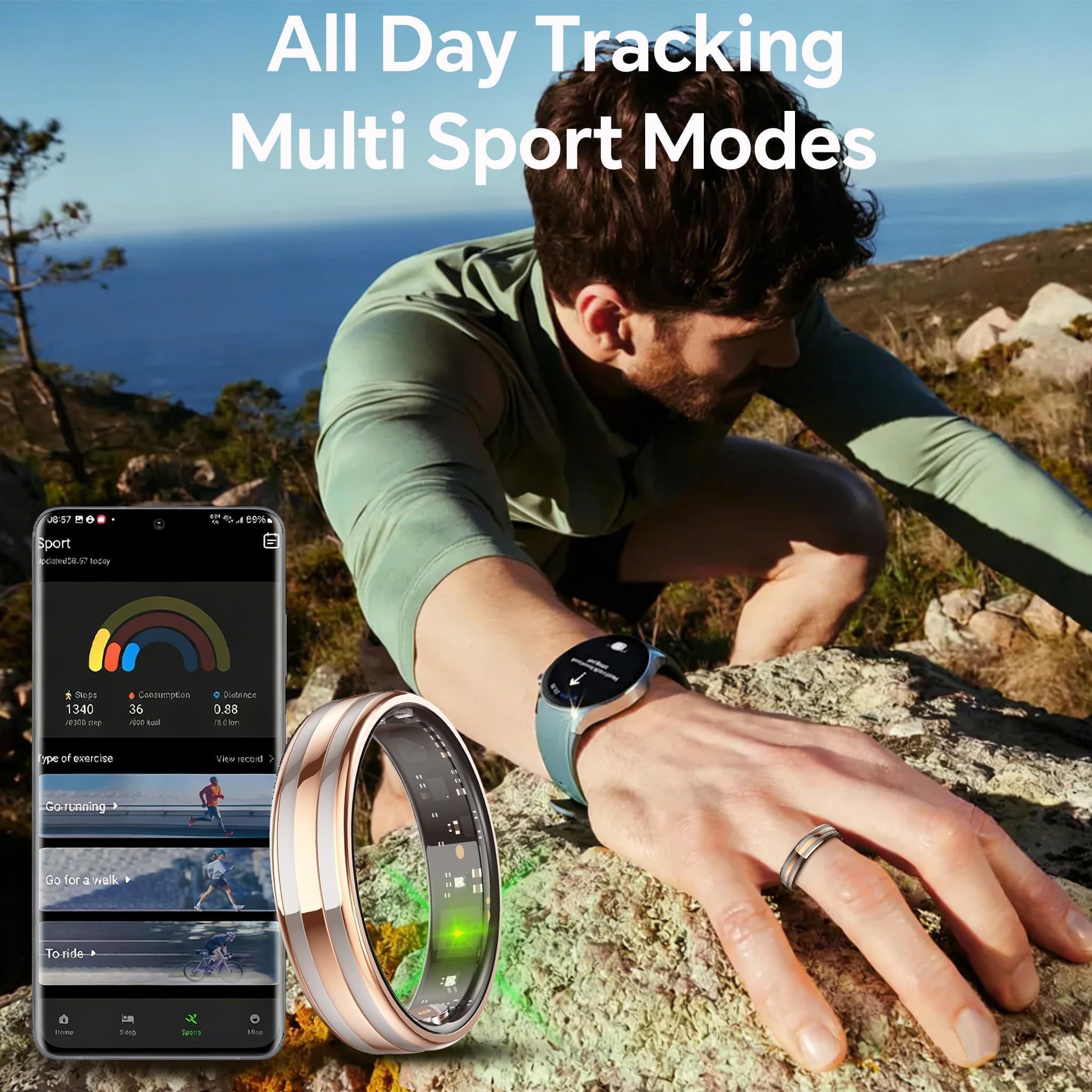 findtime Smart Ring - Anneaux de fitness ultra fins - Moniteur de fréquence cardiaque - Moniteur de sommeil - Oxygène dans le sang - Moniteur de santé - Compteur de pas - Calories - Podomètre