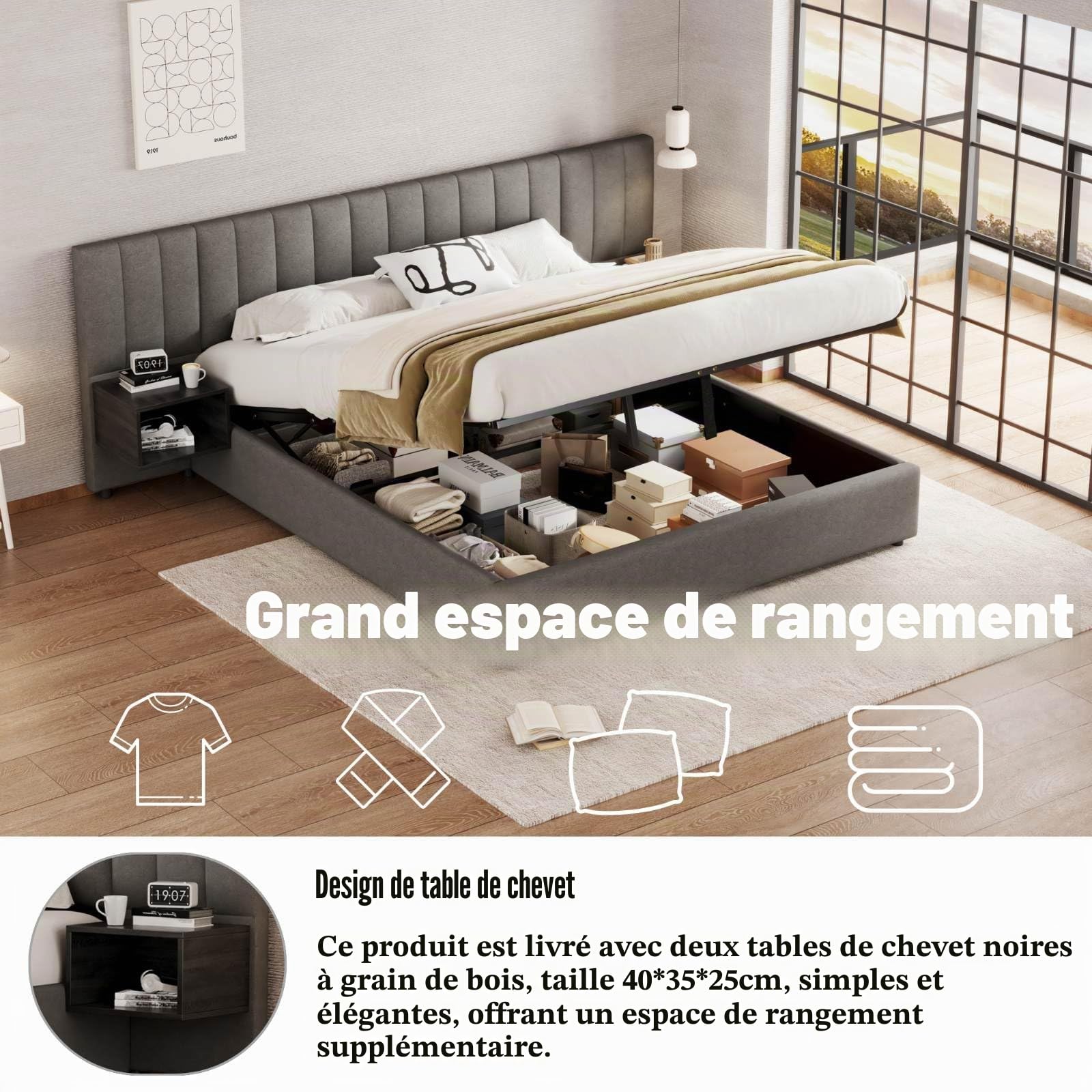 KOMHTOM Lit Double Rembourré avec 2 Tables de Nuit avec Espace de Rangement, Lit Coffre avec Tête de Lit, Cadre de Lit, Sommier à Lattes en Bois (180 x 200cm)