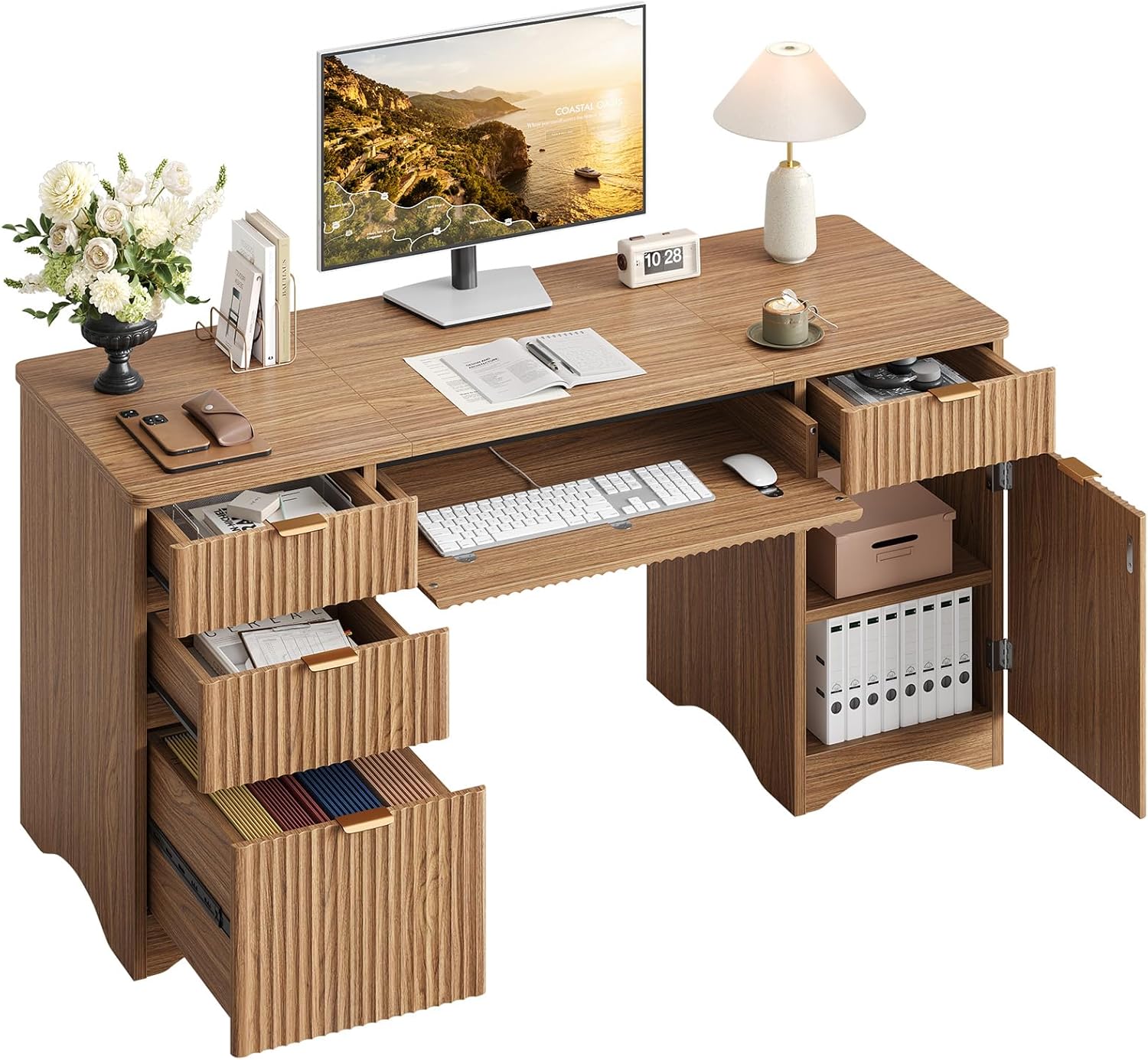 Bestier 63 Inch Fluted Executive Desk with Drawers, Wood Computer Desk with Ample File Drawer, Keyboard Tray & Storage Cabinet, Modern Home Office Desk for Study, Bedroom, Living Room, Brown