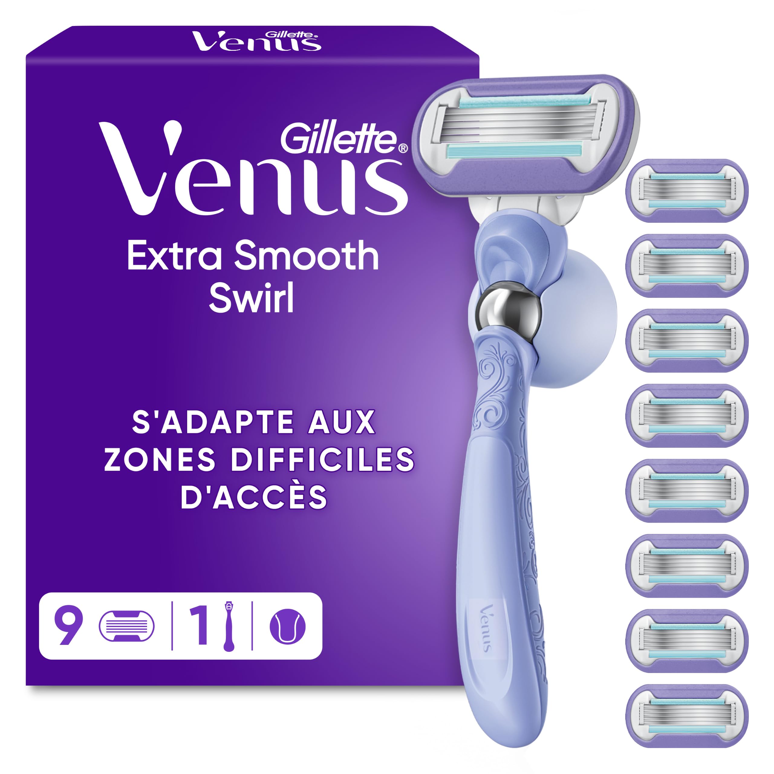 Gillette Venus Deluxe Smooth Swirl Rasoir pour femme + 9 lames de rasoir avec lame 5 fois, cadeau pour femme