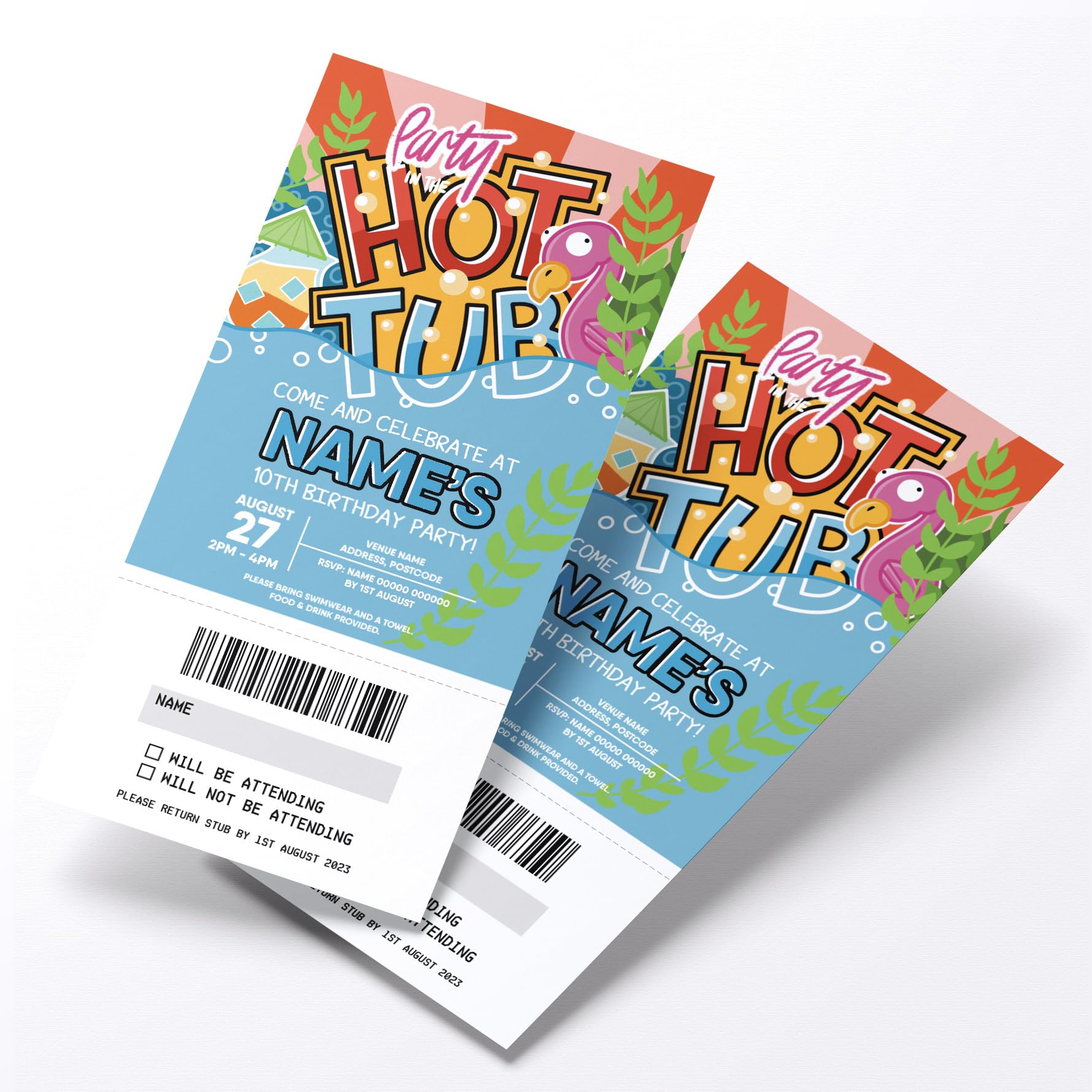MJ DESIGN & PRINT Personalised Hot Tub Party Ticket Style Invitations, Perforated Stubs, Realistic, Novelty, Unique, Kids, Fun, Birthday, Invites