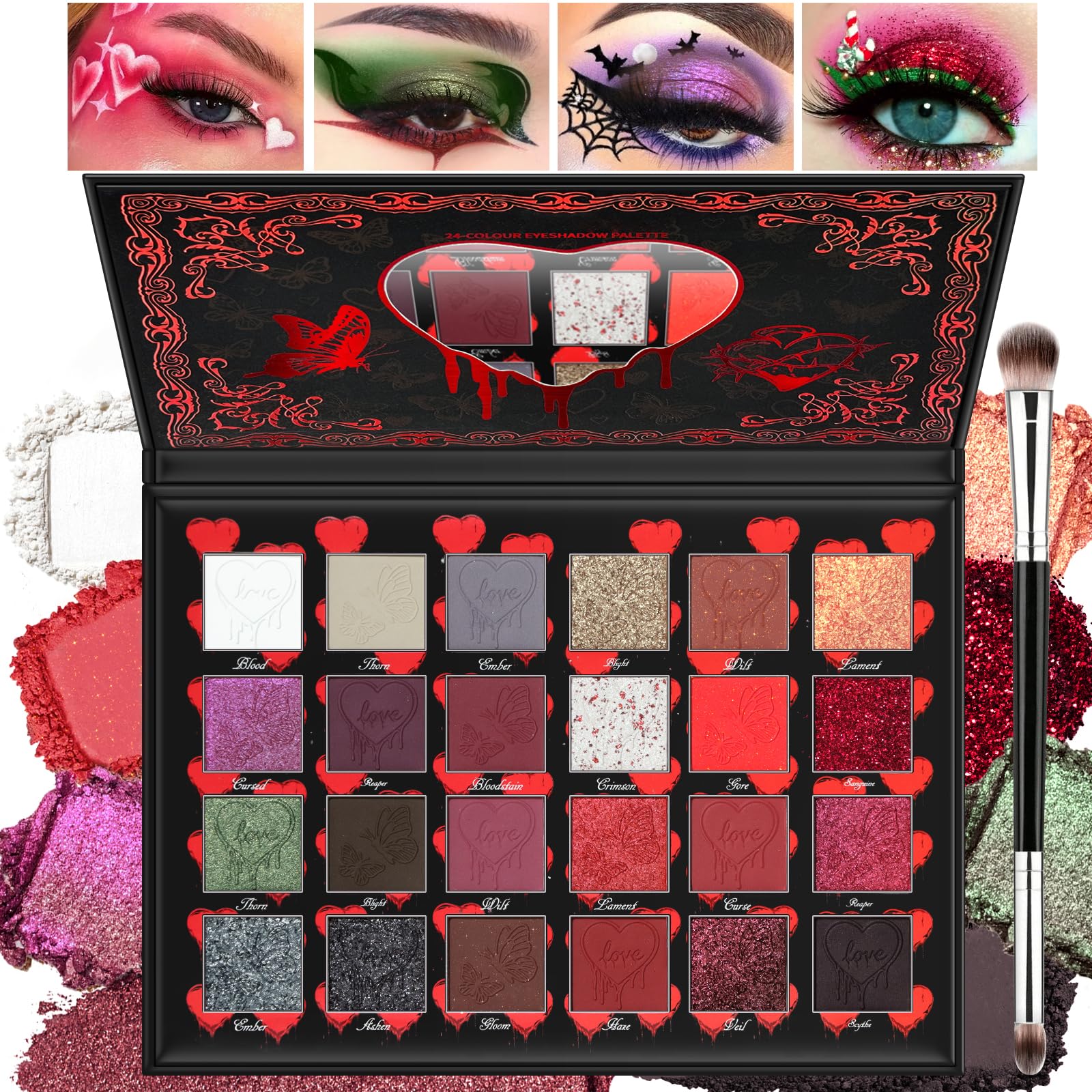24 Color Dark Red Black Burgundy Gray Smoky Goth Eyeshadow Palette 24 colors