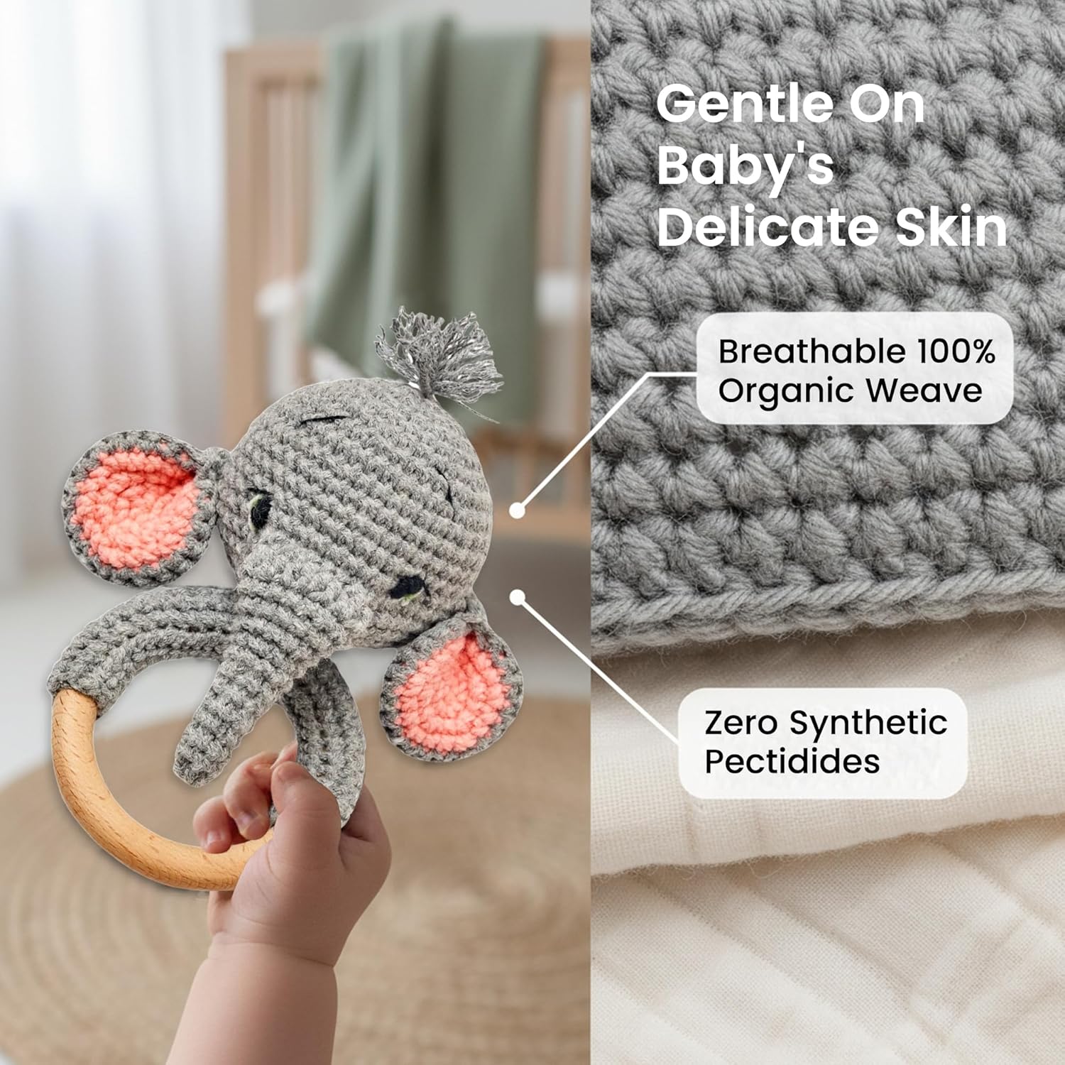 Handmade Elephant Baby Rattle Toy– Organic Cotton Crochet Toys with Natural Beechwood Teething Ring for Soothing Gum Relief & Safe Play– Perfect Teething Toy for Sensory Play, Engagement & Nursery Fun